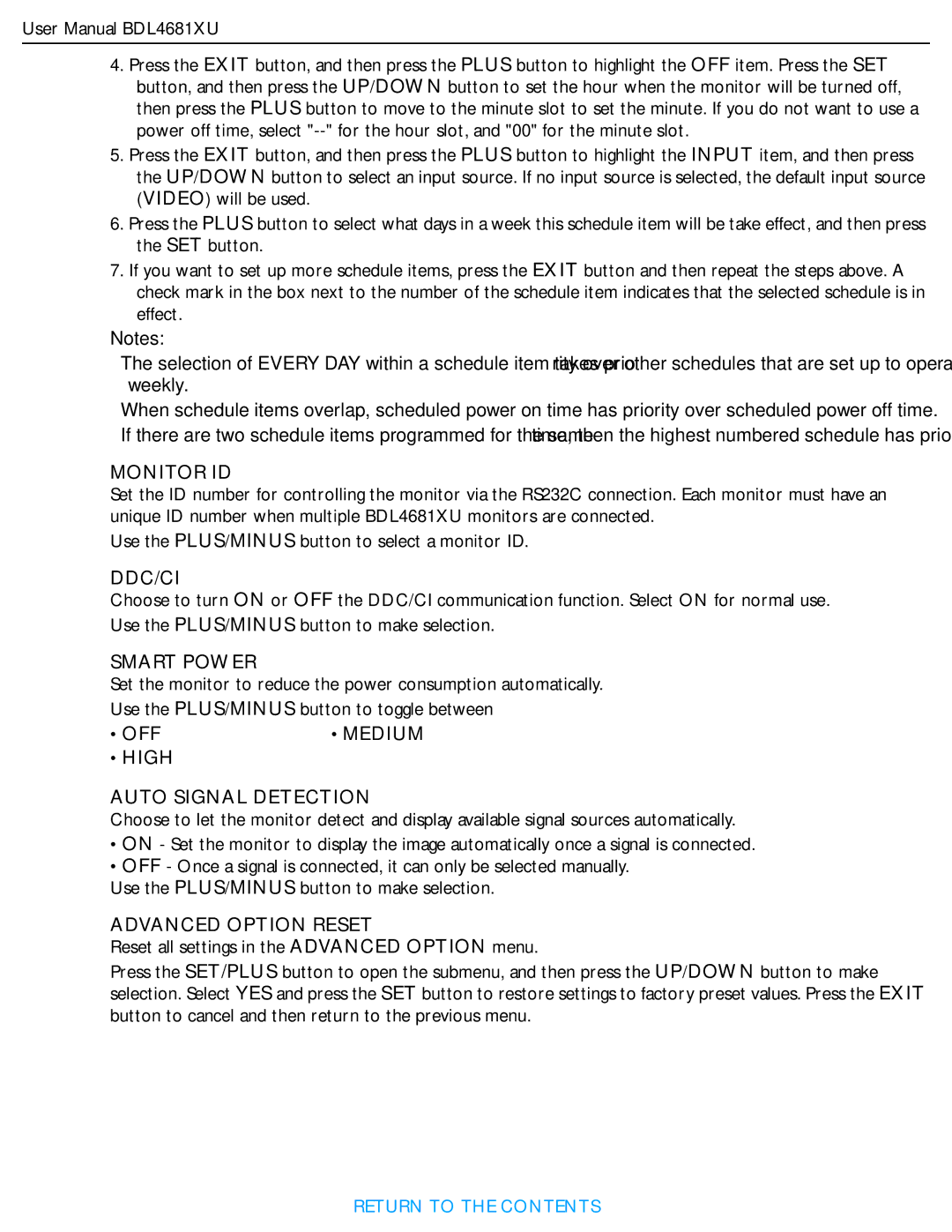 Philips BDL4681XU/00 user manual Monitor ID, Ddc/Ci, Smart Power, Medium, High Auto Signal Detection, Advanced Option Reset 