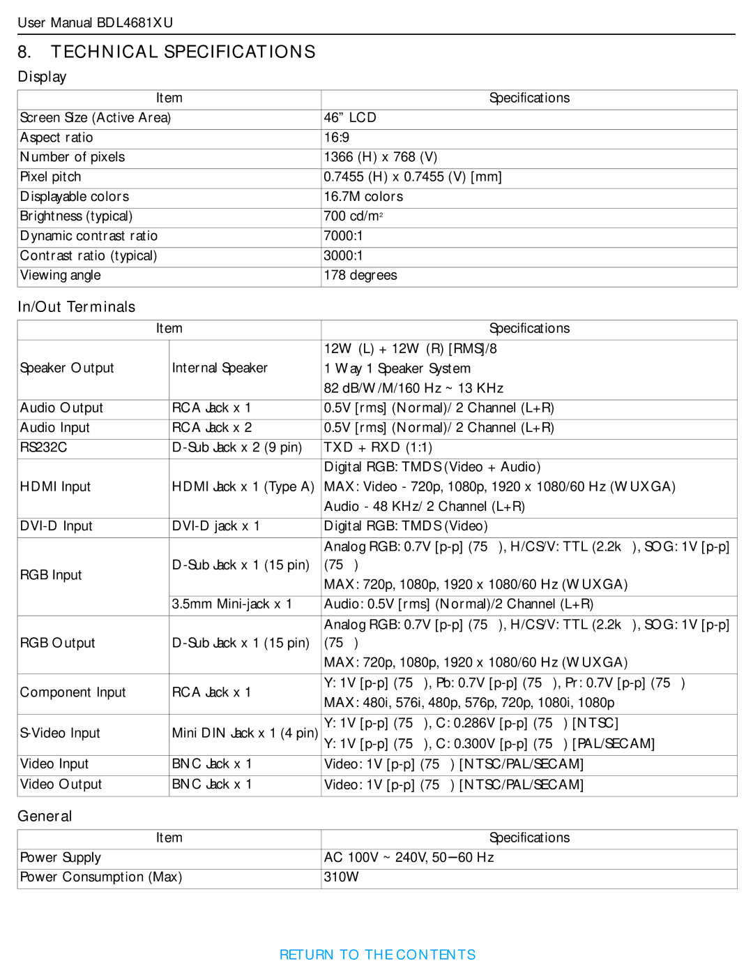 Philips BDL4681XU/00 user manual Technical Specifications, Display, In/Out Terminals, General 