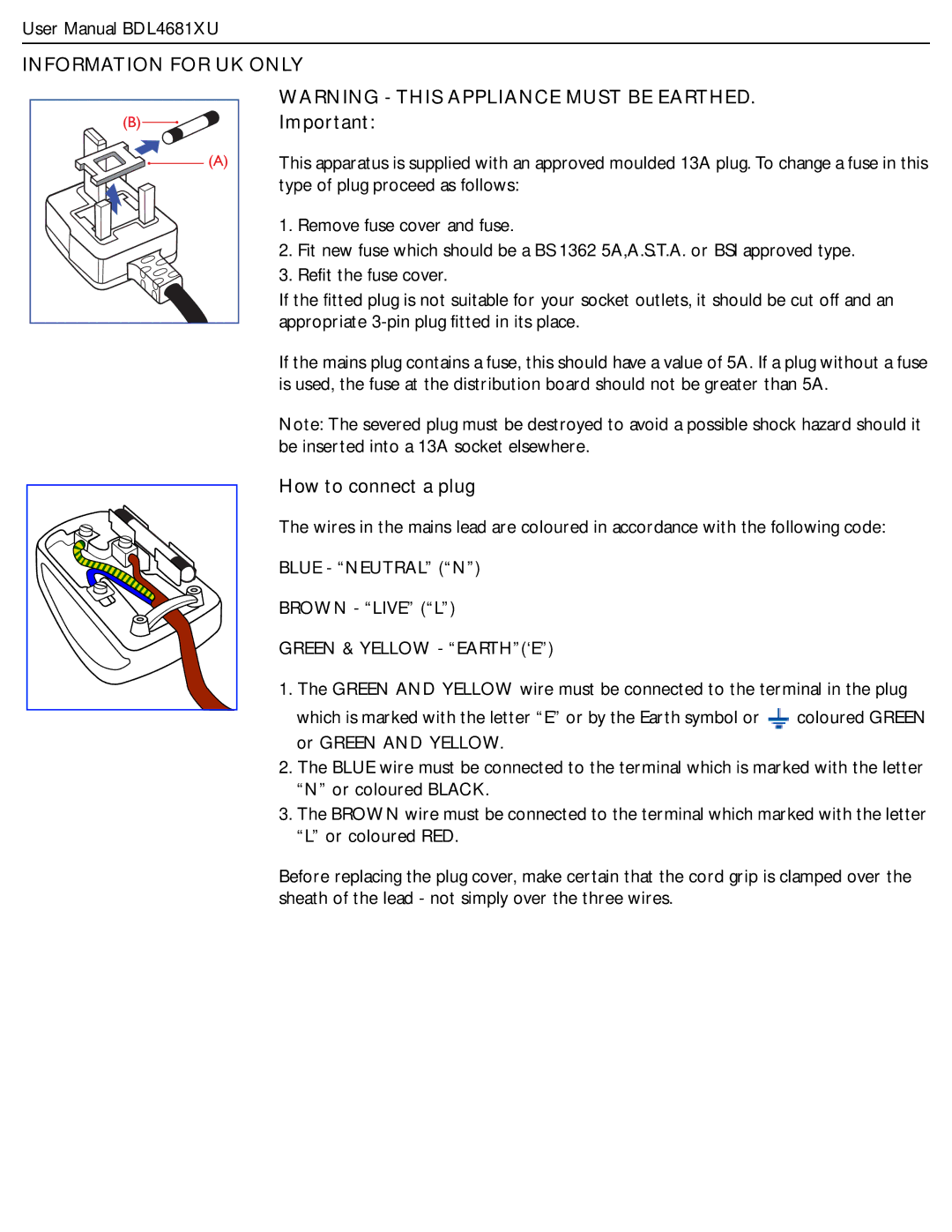 Philips BDL4681XU/00 user manual Information for UK only, How to connect a plug 