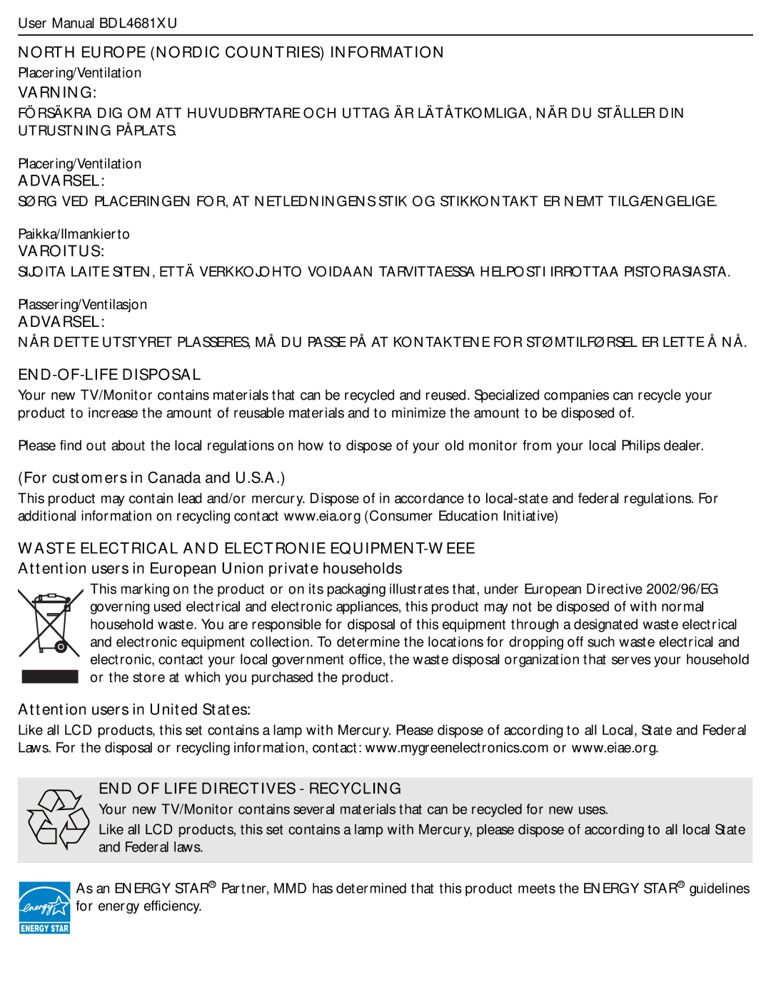 Philips BDL4681XU/00 user manual North Europe Nordic Countries Information, Varning, Varoitus, END-OF-LIFE Disposal 