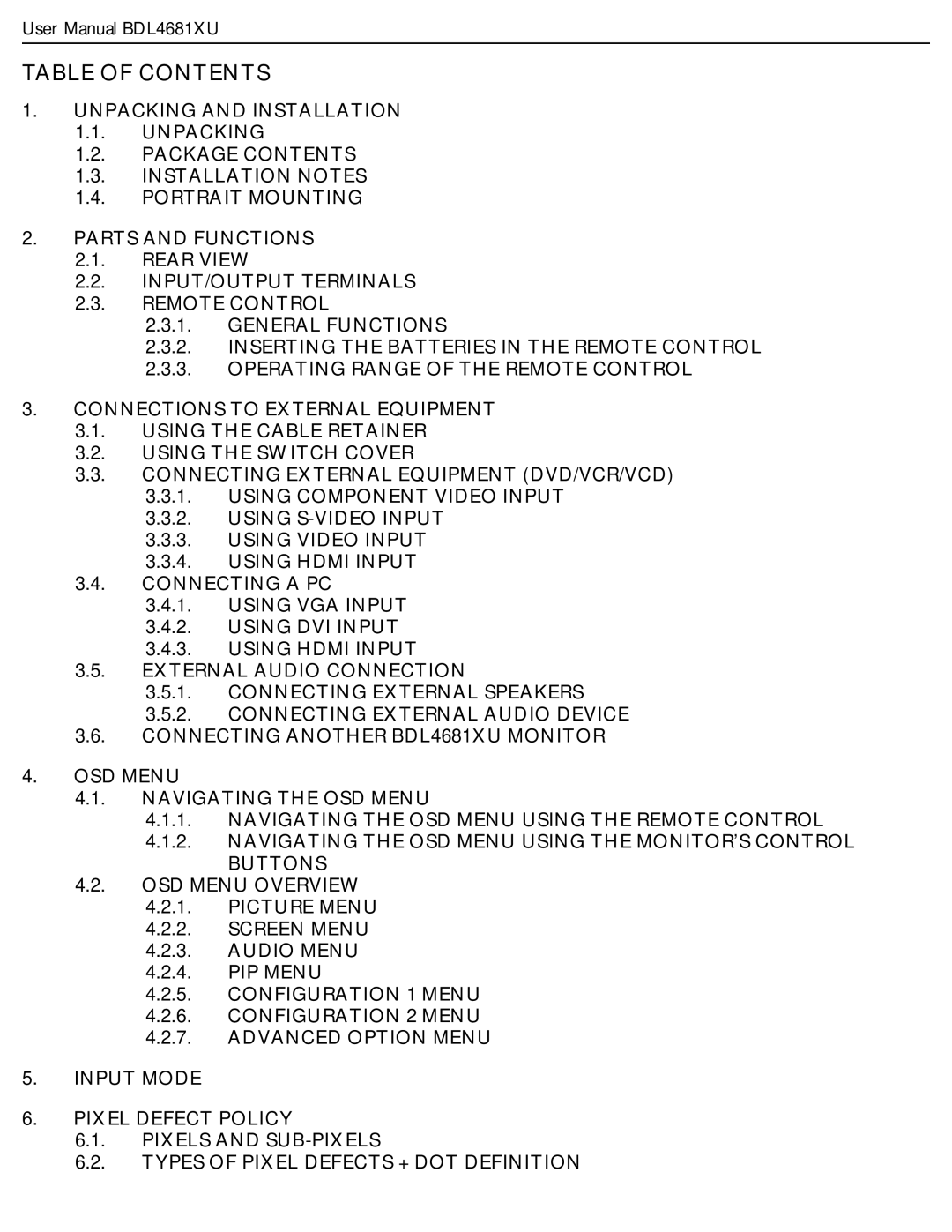 Philips BDL4681XU/00 user manual Table of Contents 