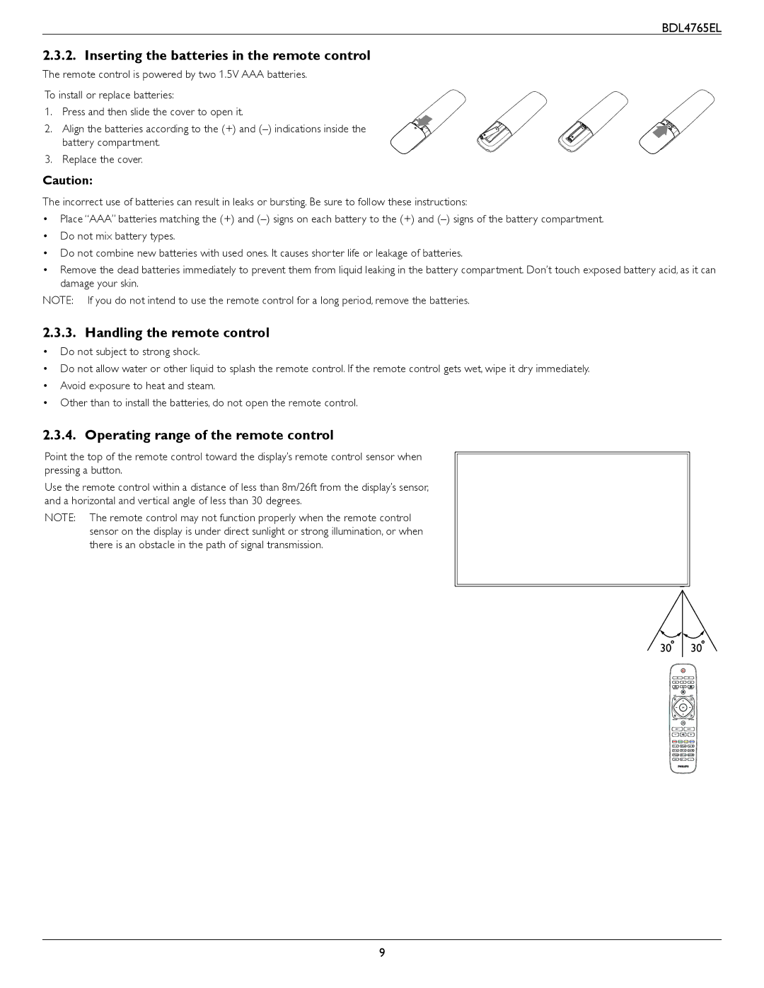 Philips BDL4765El user manual Inserting the batteries in the remote control, Handling the remote control 