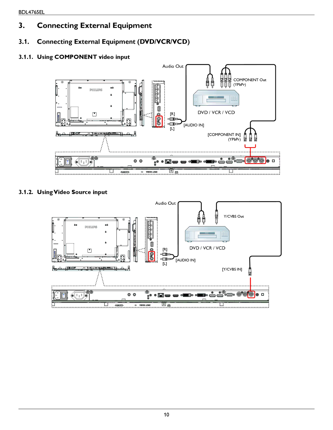 Philips BDL4765El Connecting External Equipment DVD/VCR/VCD, Using Component video input, Using Video Source input 