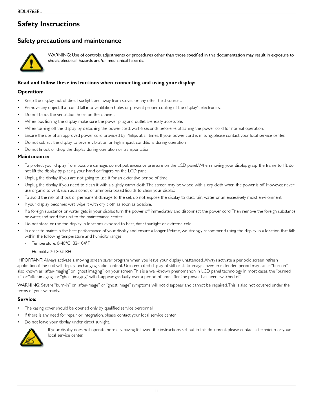 Philips BDL4765El user manual Safety Instructions, Safety precautions and maintenance, Maintenance, Service 