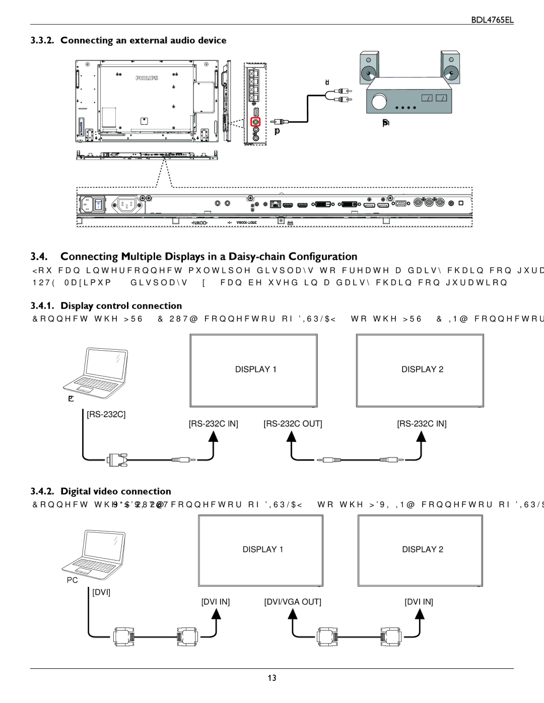 Philips BDL4765El Connecting Multiple Displays in a Daisy-chain Configuration, Connecting an external audio device 