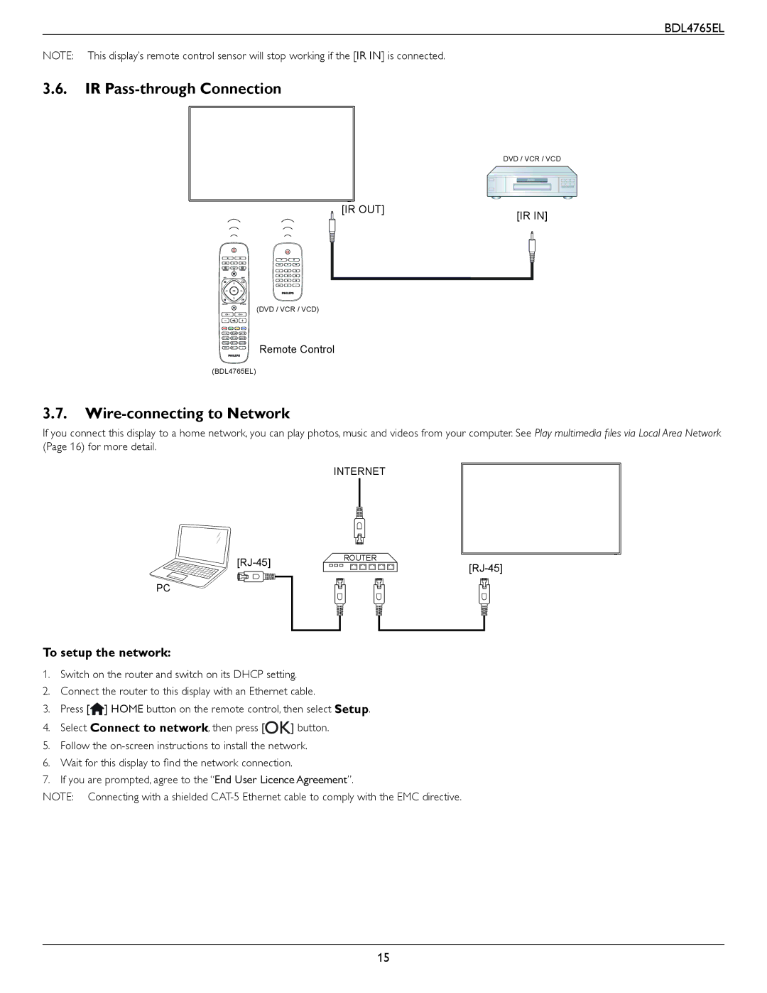 Philips BDL4765El user manual IR Pass-through Connection, Wire-connecting to Network, To setup the network, Remote Control 