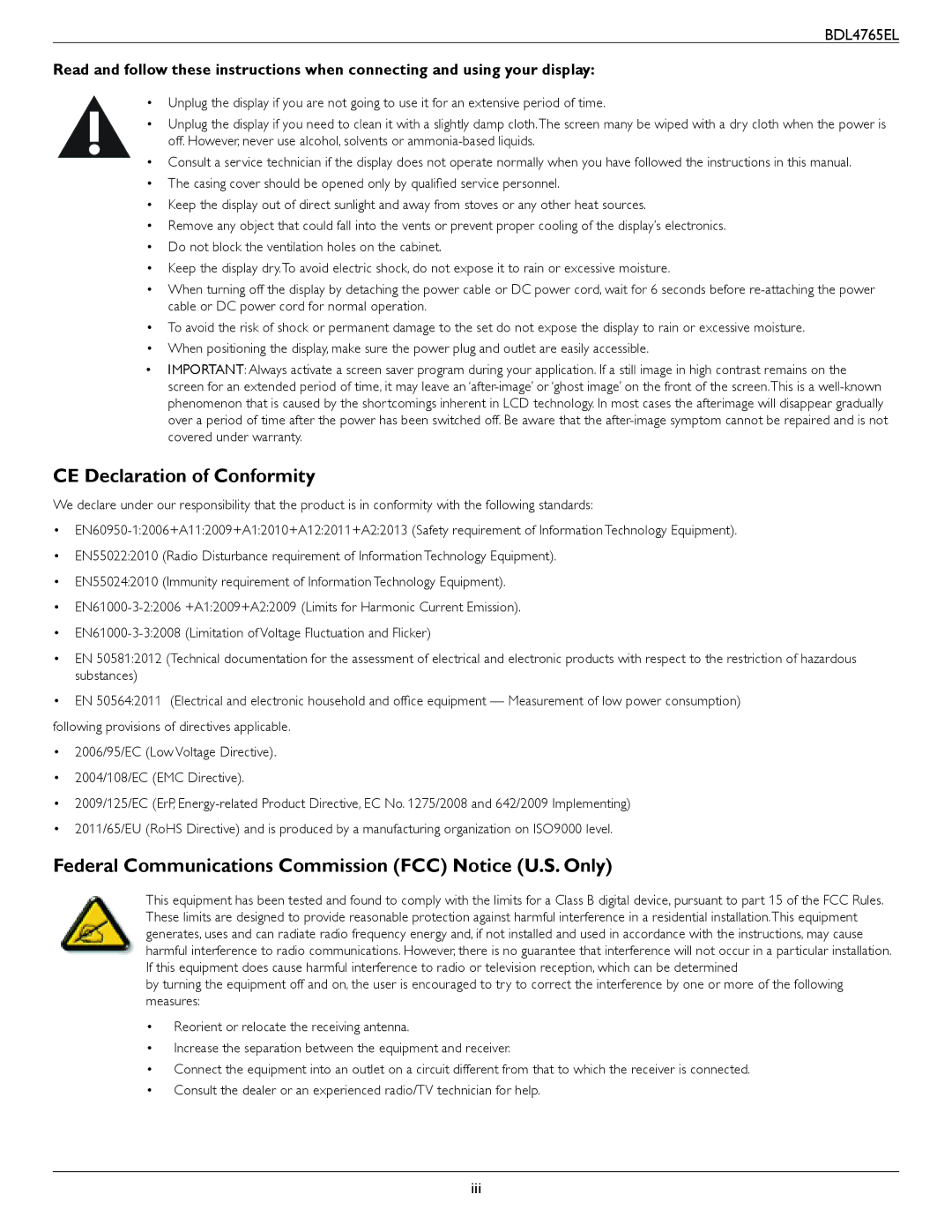 Philips BDL4765El user manual CE Declaration of Conformity, Federal Communications Commission FCC Notice U.S. Only 