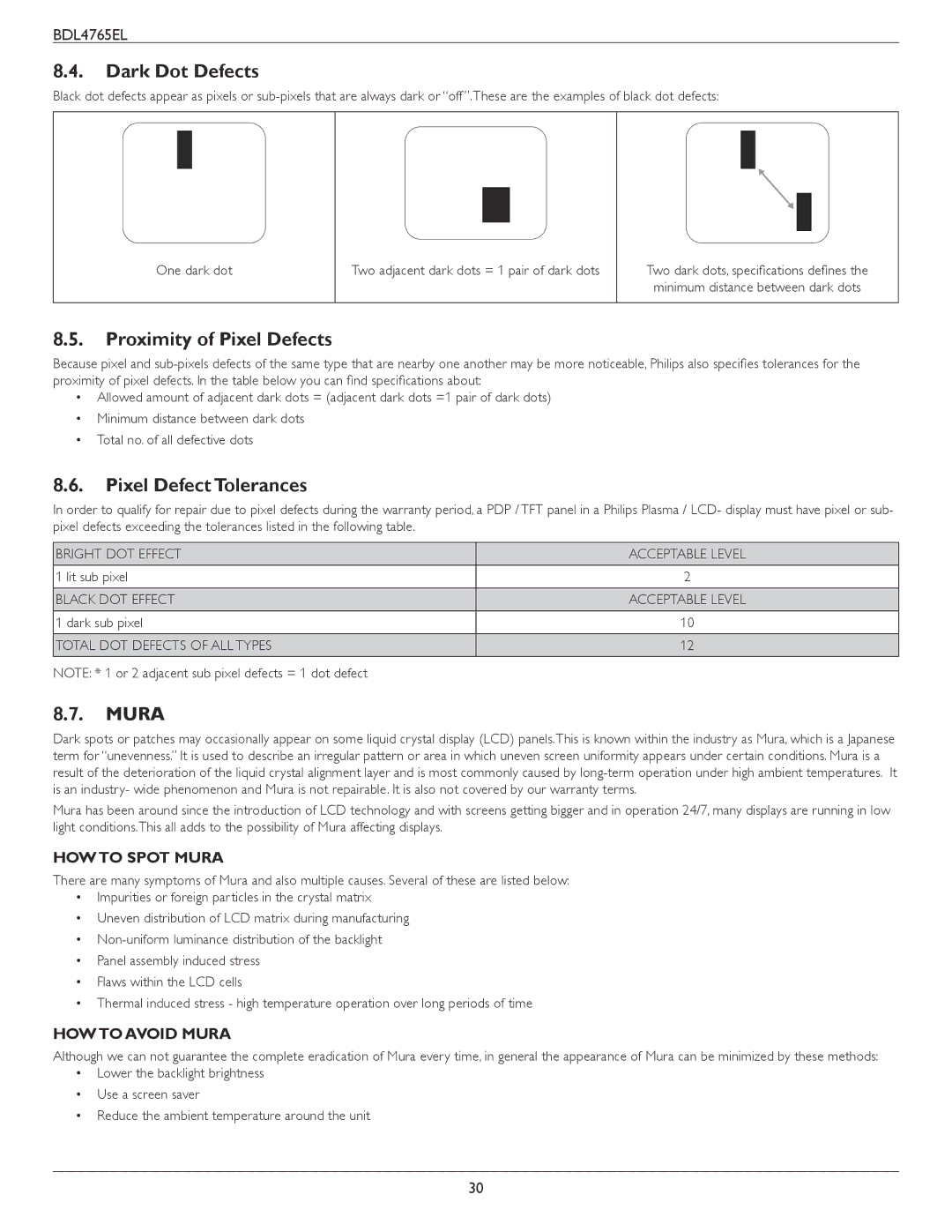 Philips BDL4765El user manual Dark Dot Defects, Proximity of Pixel Defects, Pixel Defect Tolerances, Mura 