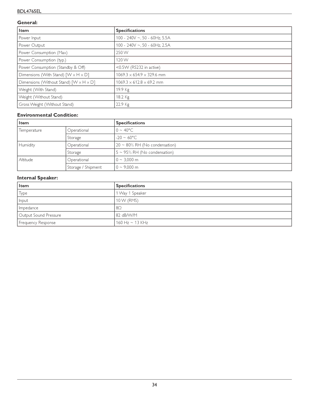 Philips BDL4765El user manual General, Environmental Condition, Internal Speaker 