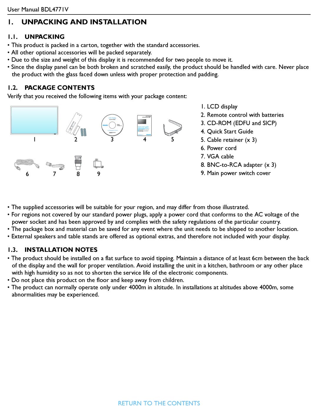 Philips BDL4771V user manual Unpacking and Installation 