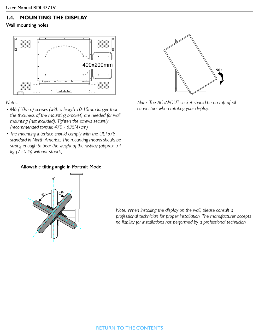 Philips BDL4771V user manual Mounting the Display Wall mounting holes 