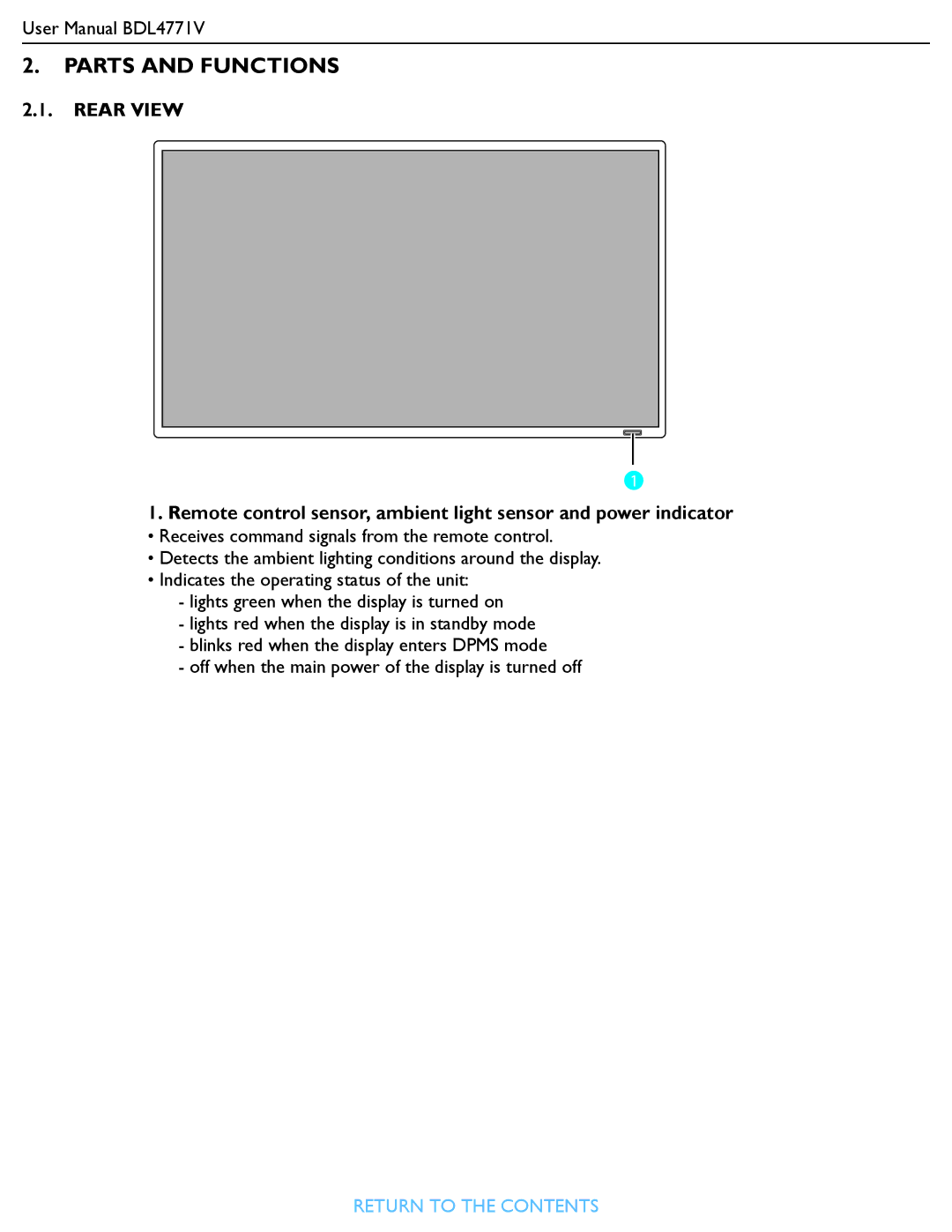 Philips BDL4771V user manual Parts and Functions, Rear View 