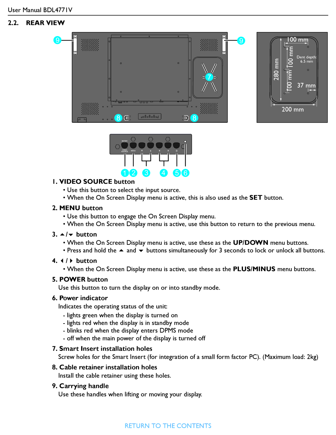 Philips BDL4771V user manual Video Source button, Menu button, / button, / button, Power button, Power indicator 