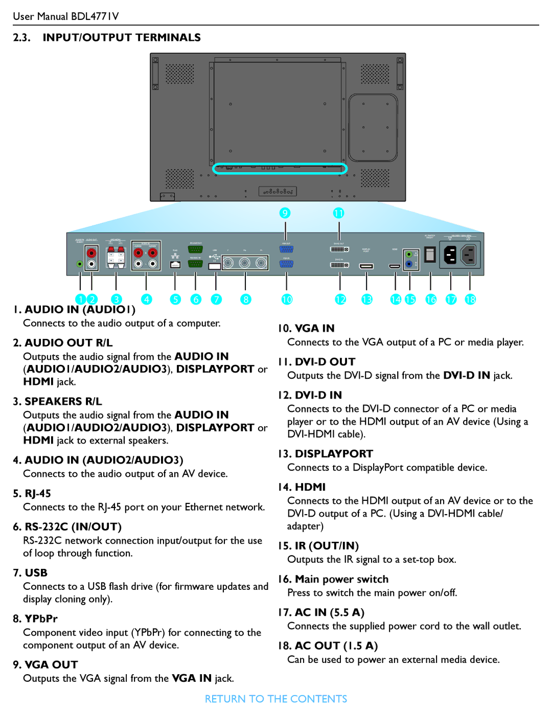 Philips BDL4771V user manual Audio in AUDIO1, Audio OUT R/L, Speakers R/L, Dvi-D Out, Displayport, Vga Out 