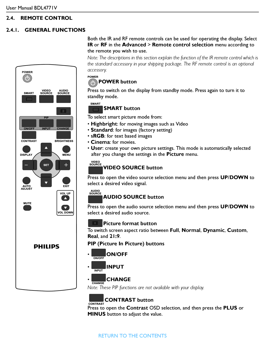 Philips BDL4771V user manual Remote Control General Functions, ON/OFF Input Change 