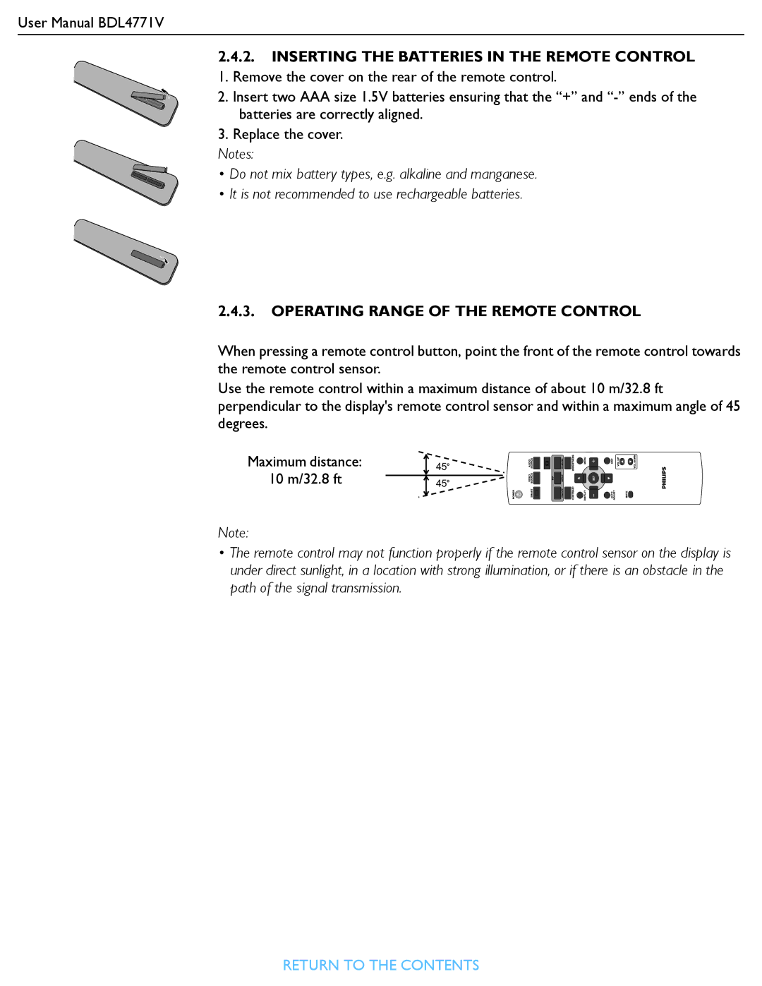 Philips BDL4771V user manual Operating Range of the Remote Control 