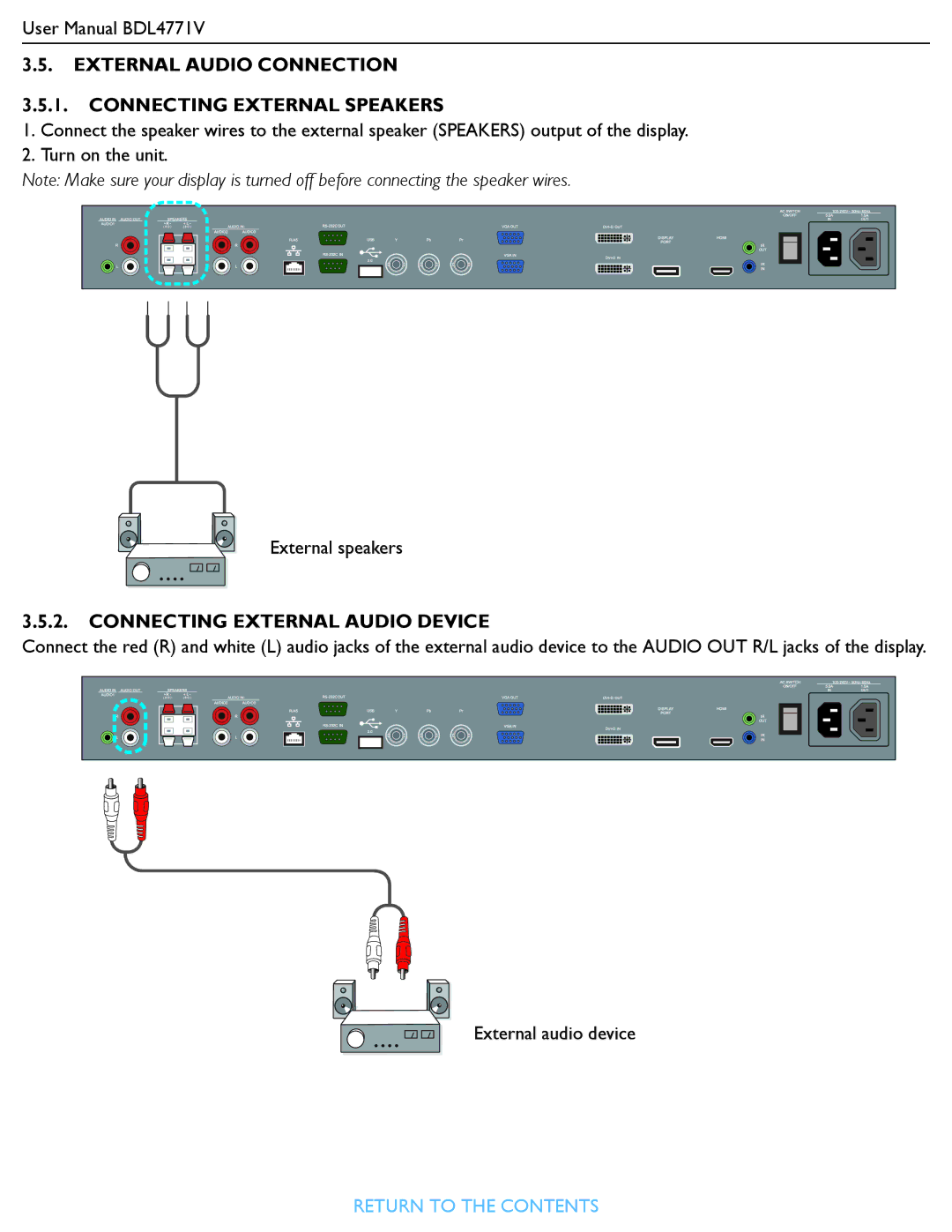 Philips BDL4771V user manual External Audio Connection Connecting External Speakers, Connecting External Audio Device 