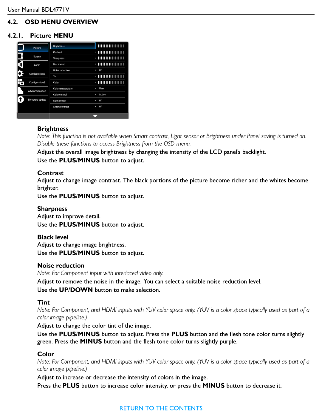 Philips BDL4771V user manual Picture Menu Brightness, Contrast, Sharpness, Black level, Noise reduction, Tint, Color 