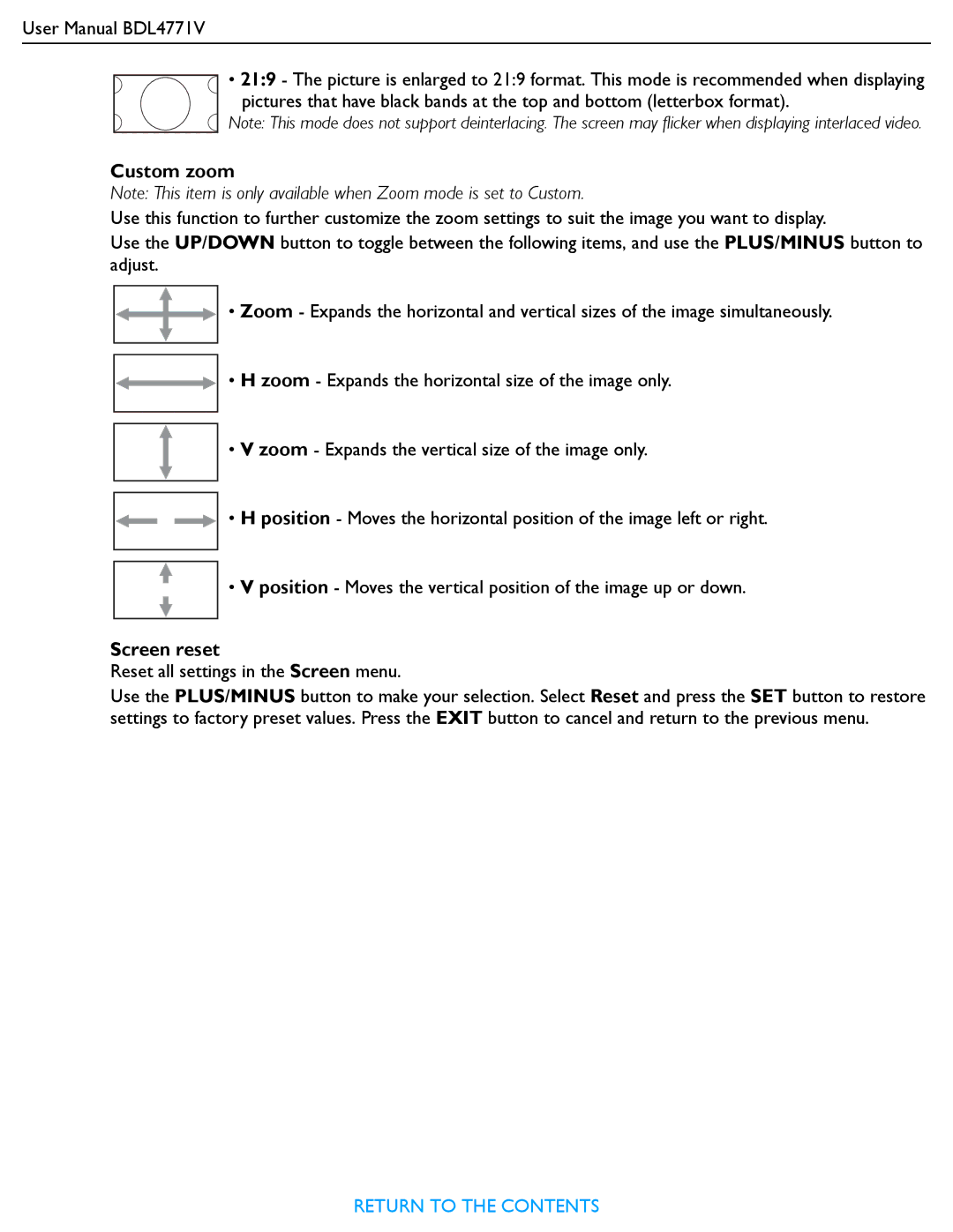 Philips BDL4771V user manual Custom zoom, Screen reset 