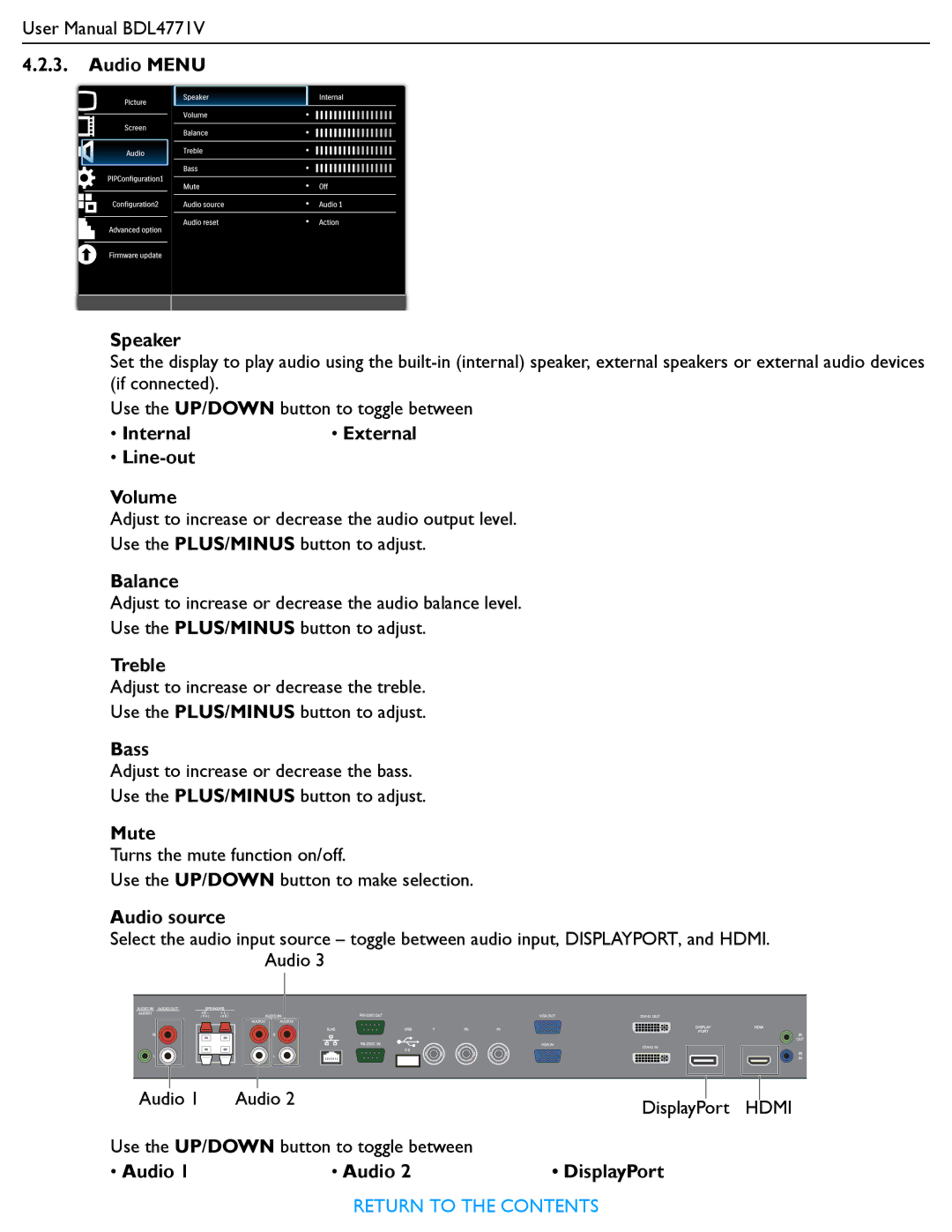 Philips BDL4771V user manual Audio Menu Speaker, Internal, Line-out Volume, Balance, Treble, Bass, Mute, Audio source 