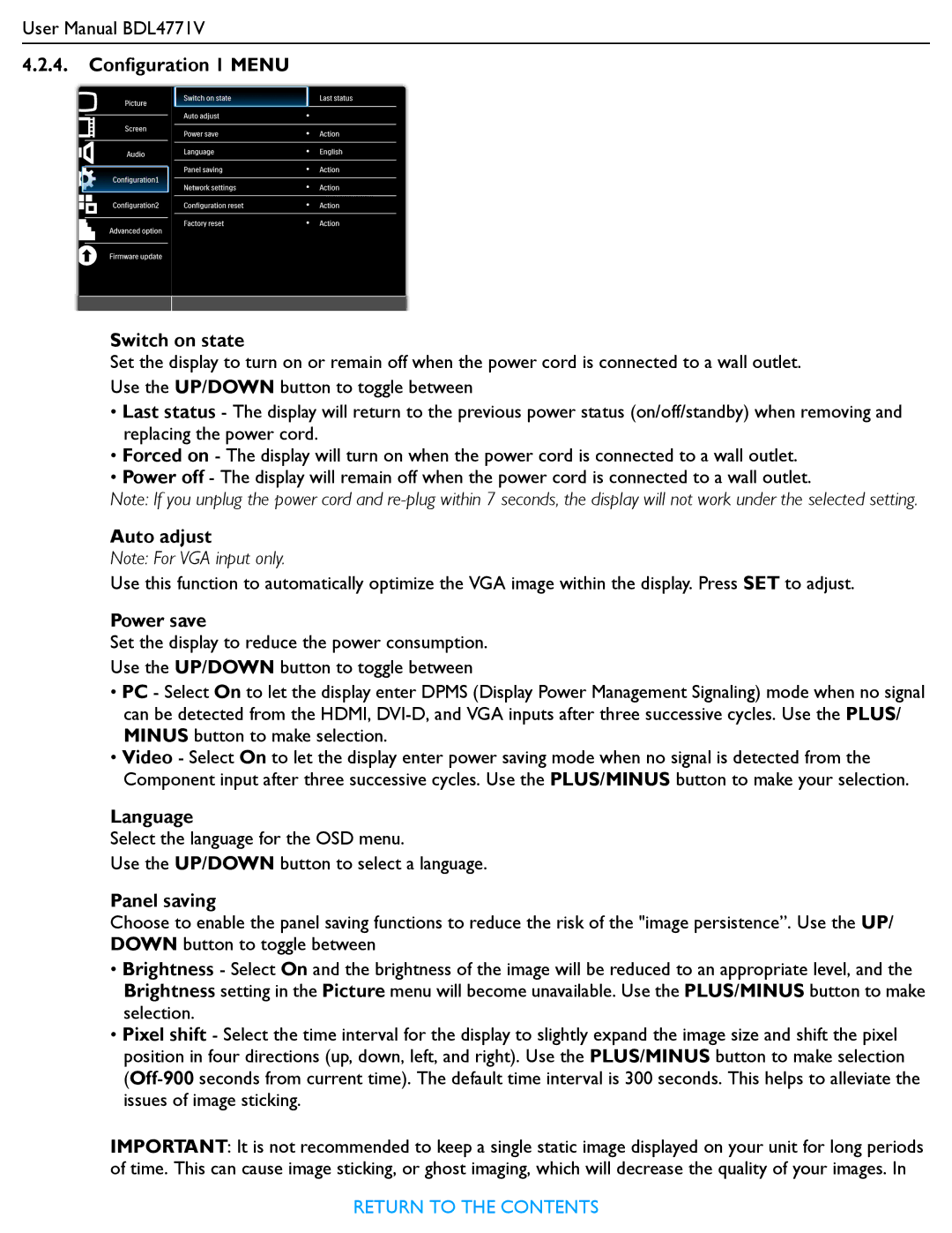 Philips BDL4771V user manual Configuration 1 Menu Switch on state, Auto adjust, Power save, Language, Panel saving 