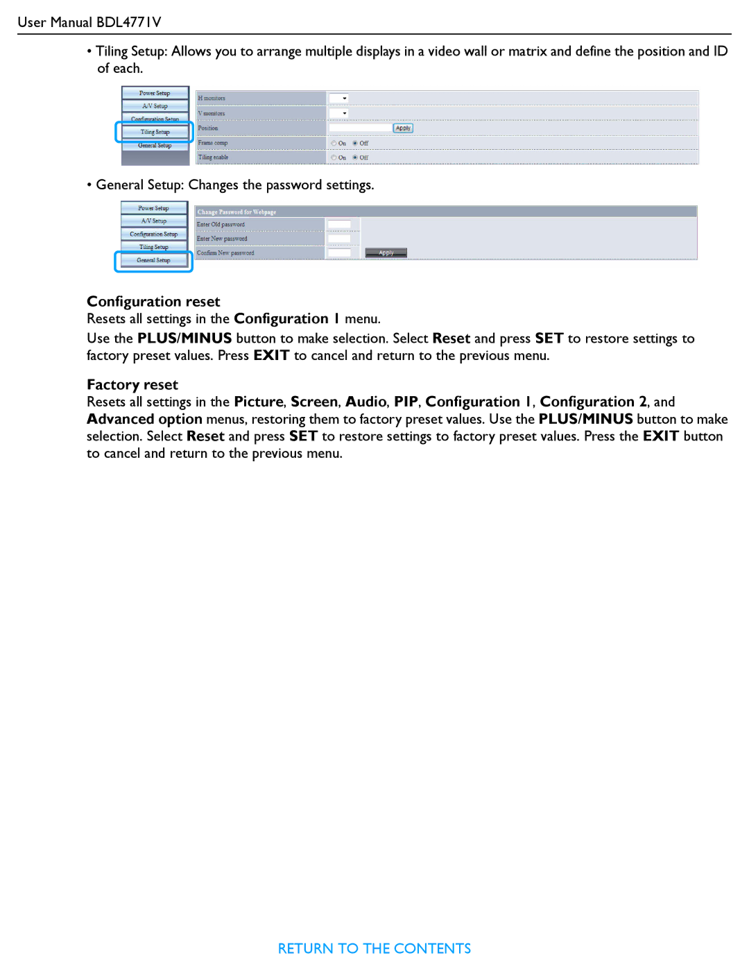 Philips BDL4771V user manual Configuration reset 