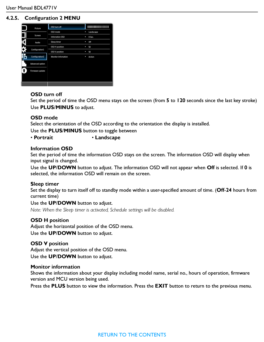 Philips BDL4771V Configuration 2 Menu OSD turn off, OSD mode, Portrait, Information OSD, Sleep timer, OSD H position 