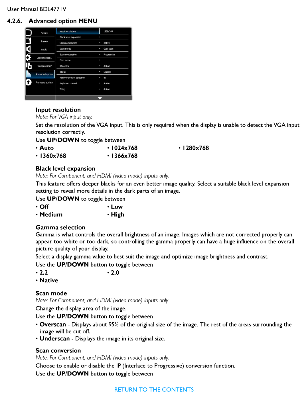 Philips BDL4771V user manual Advanced option Menu Input resolution, Auto 1024x768, 1360x768 1366x768 Black level expansion 