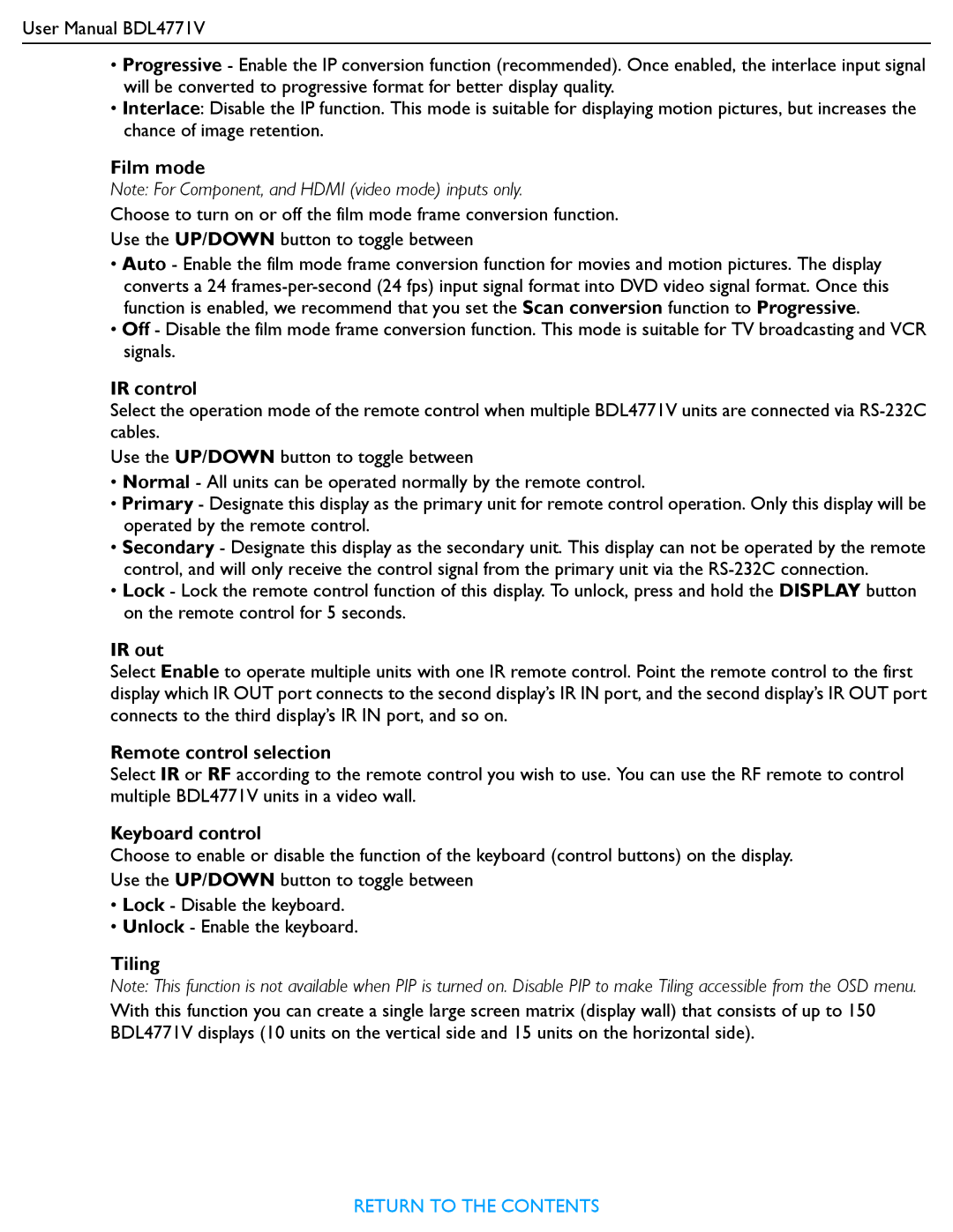 Philips BDL4771V user manual Film mode, IR control, IR out, Remote control selection, Keyboard control, Tiling 