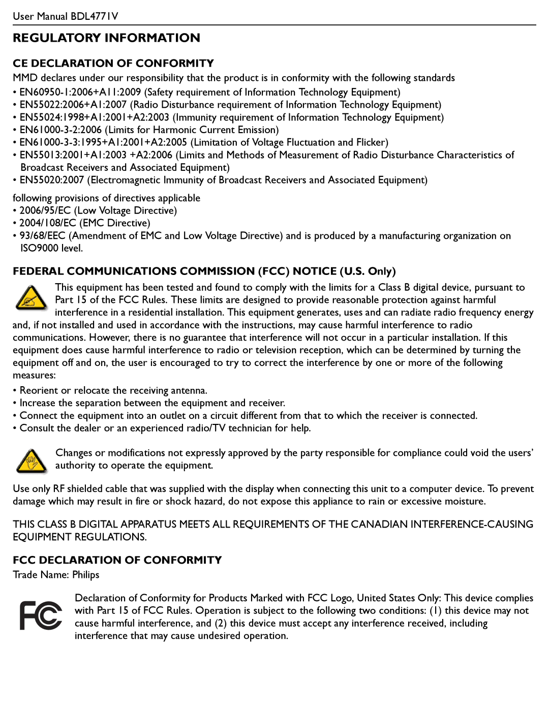 Philips BDL4771V user manual Regulatory Information, CE Declaration of Conformity, FCC Declaration of Conformity 