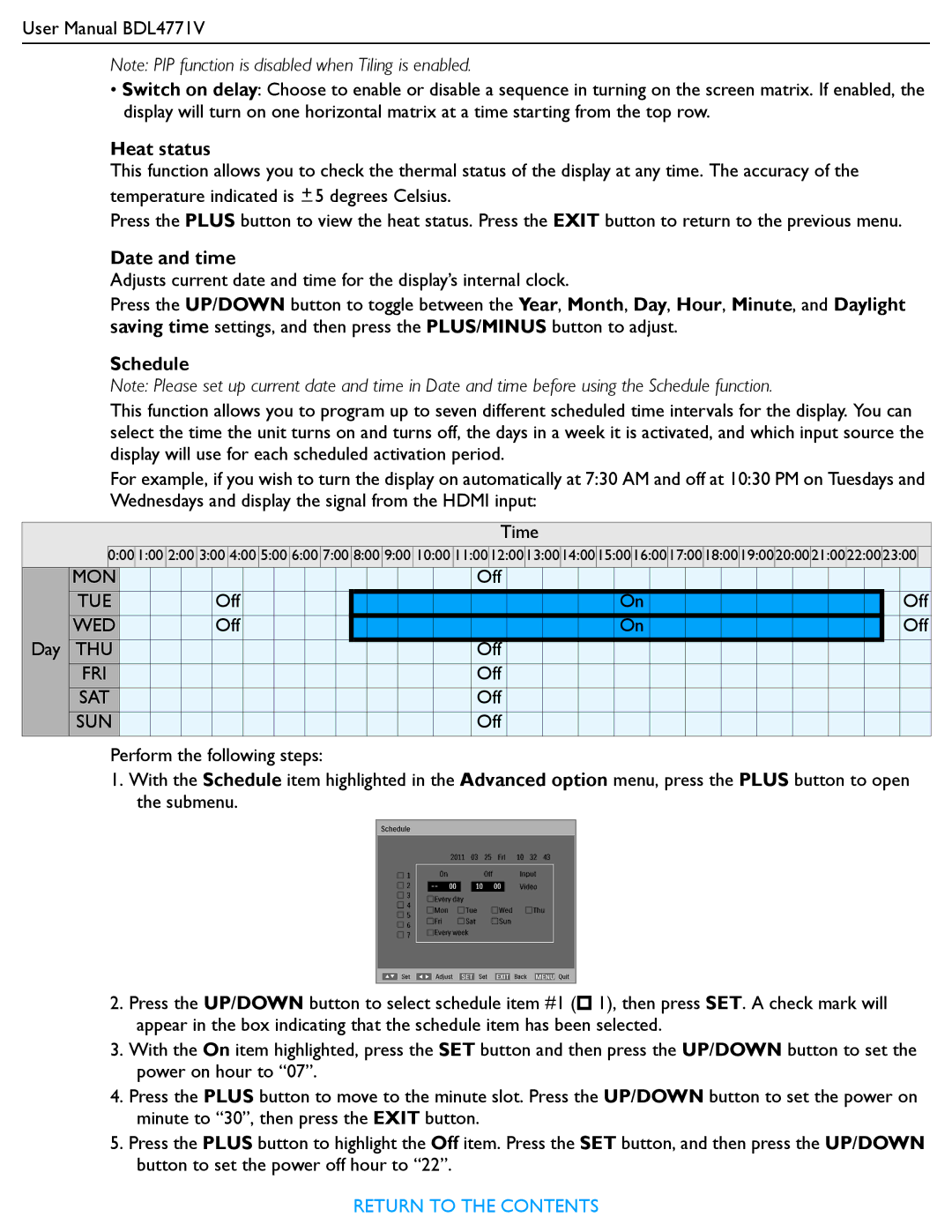 Philips BDL4771V user manual Heat status, Date and time, Schedule 