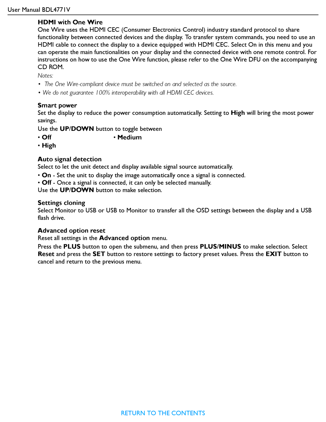 Philips BDL4771V user manual Hdmi with One Wire, Smart power, Off Medium High Auto signal detection, Settings cloning 