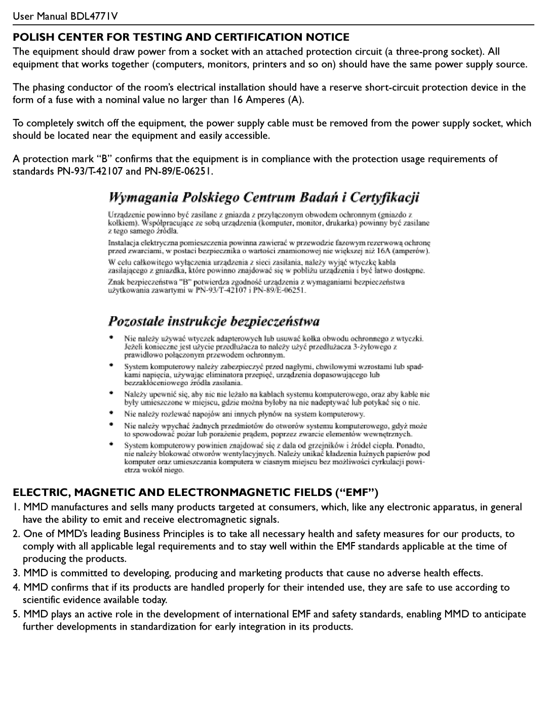 Philips BDL4771V Polish Center for Testing and Certification Notice, ELECTRIC, Magnetic and Electronmagnetic Fields EMF 