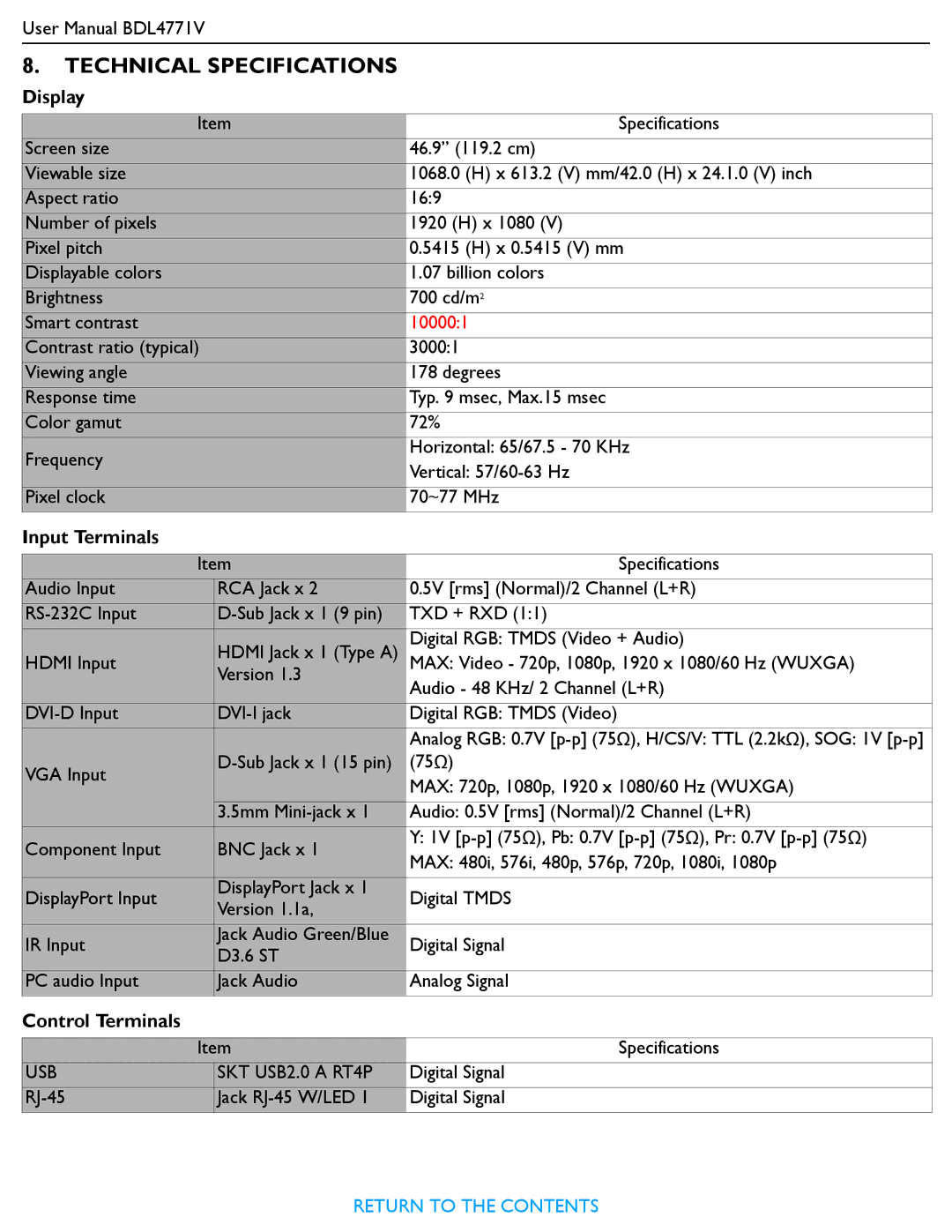 Philips BDL4771V user manual Technical Specifications, Display, Input Terminals, Control Terminals 