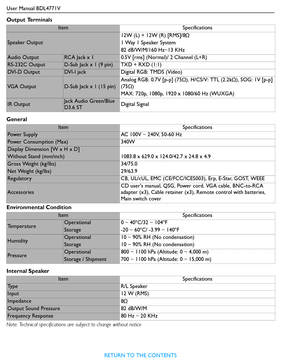 Philips BDL4771V user manual Output Terminals, General, Environmental Condition, Internal Speaker 