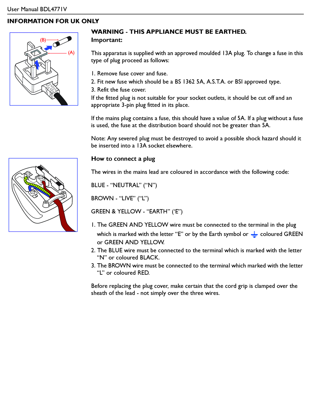 Philips BDL4771V user manual Information for UK only, How to connect a plug 