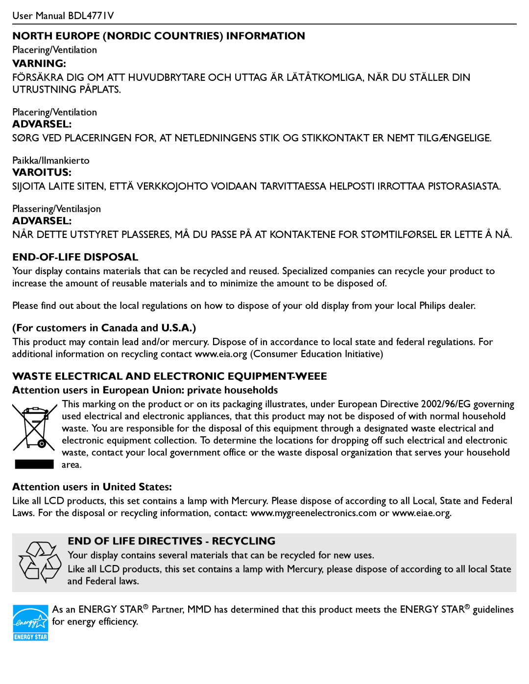 Philips BDL4771V user manual North Europe Nordic Countries Information, Varning, Varoitus, END-OF-LIFE Disposal 