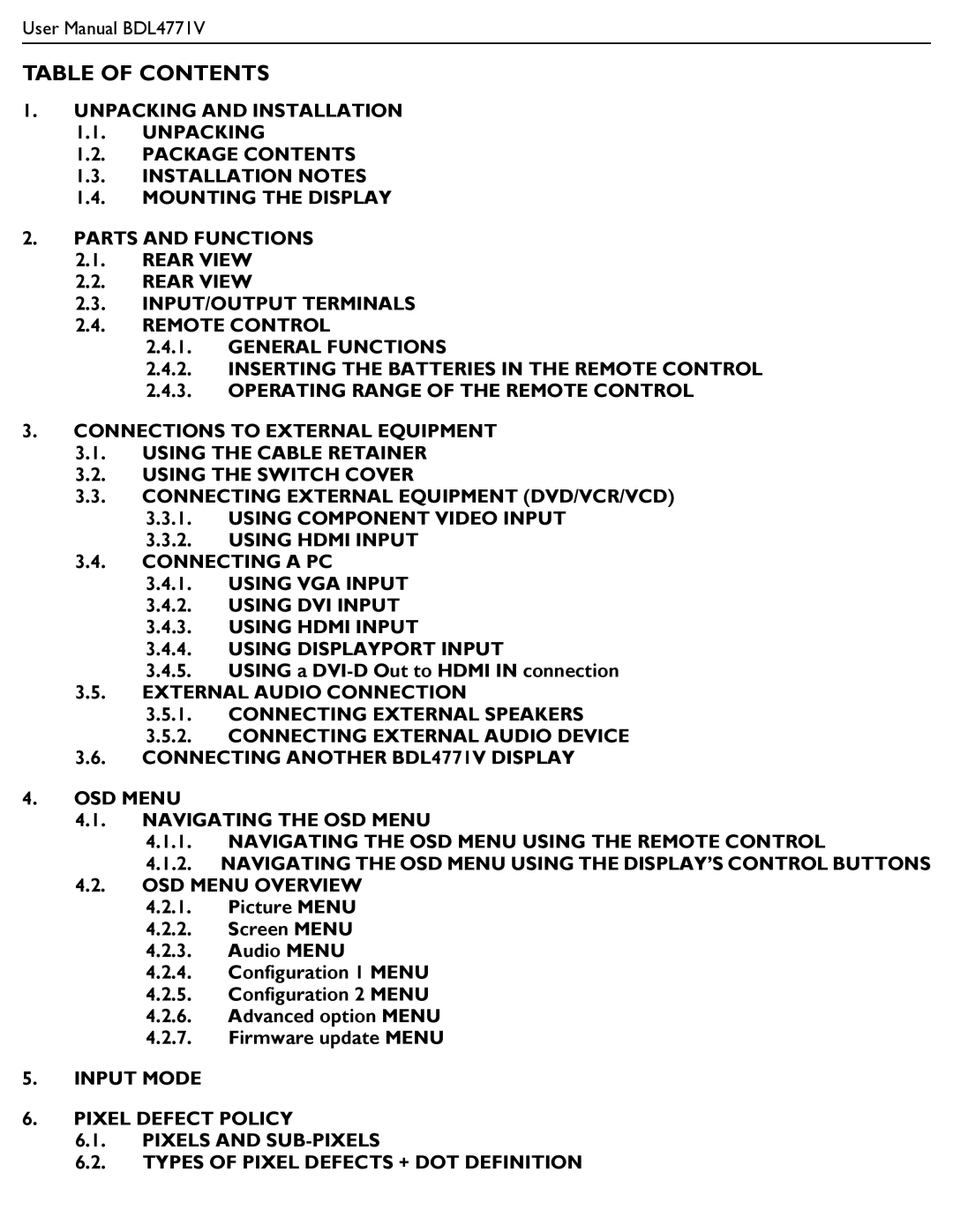 Philips BDL4771V user manual Table of Contents 