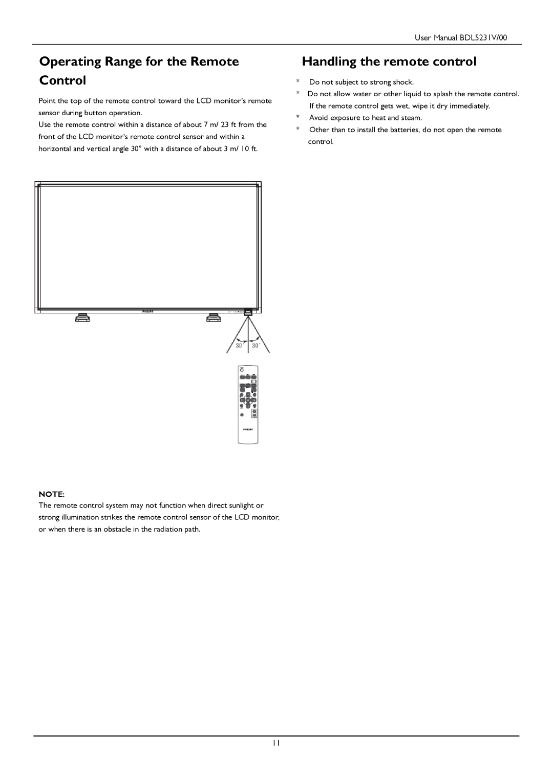 Philips BDL5231V user manual Operating Range for the Remote Control, Handling the remote control 