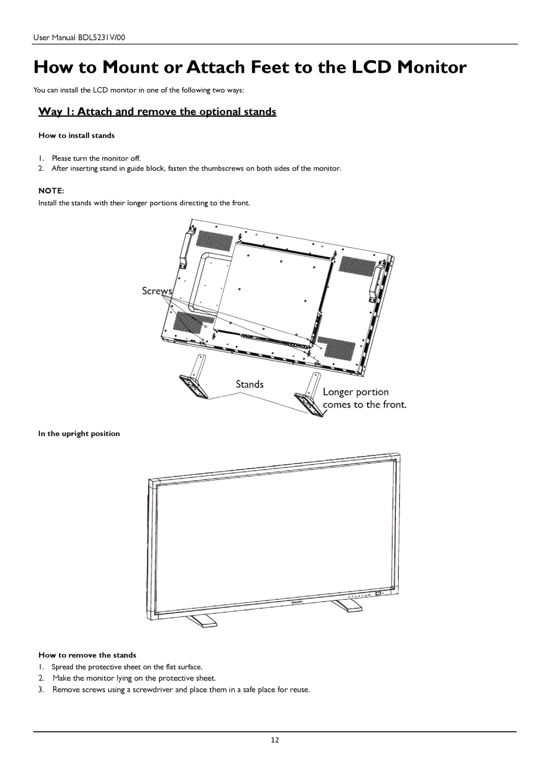 Philips BDL5231V user manual How to Mount or Attach Feet to the LCD Monitor, Way 1 Attach and remove the optional stands 