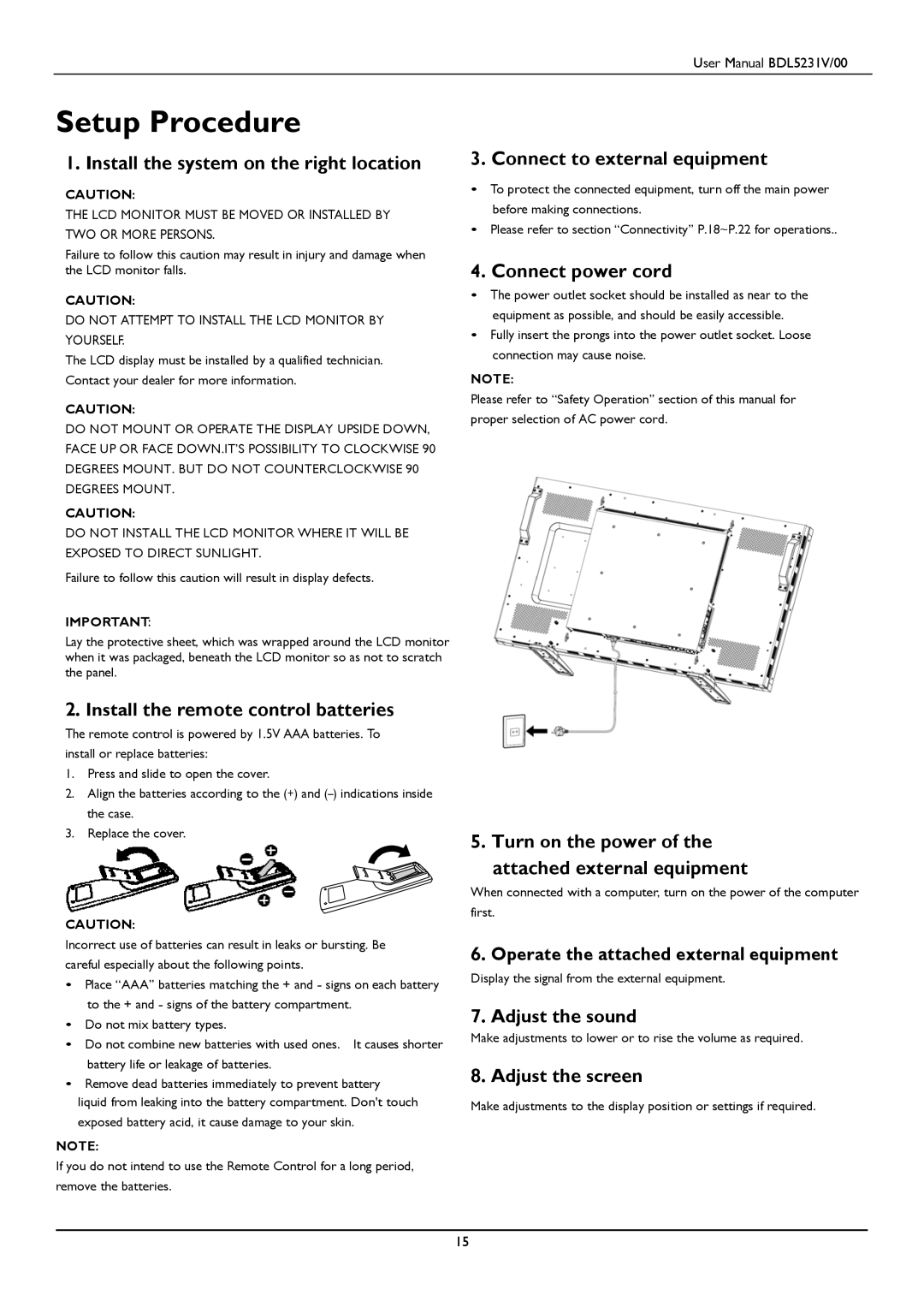 Philips BDL5231V user manual Setup Procedure 