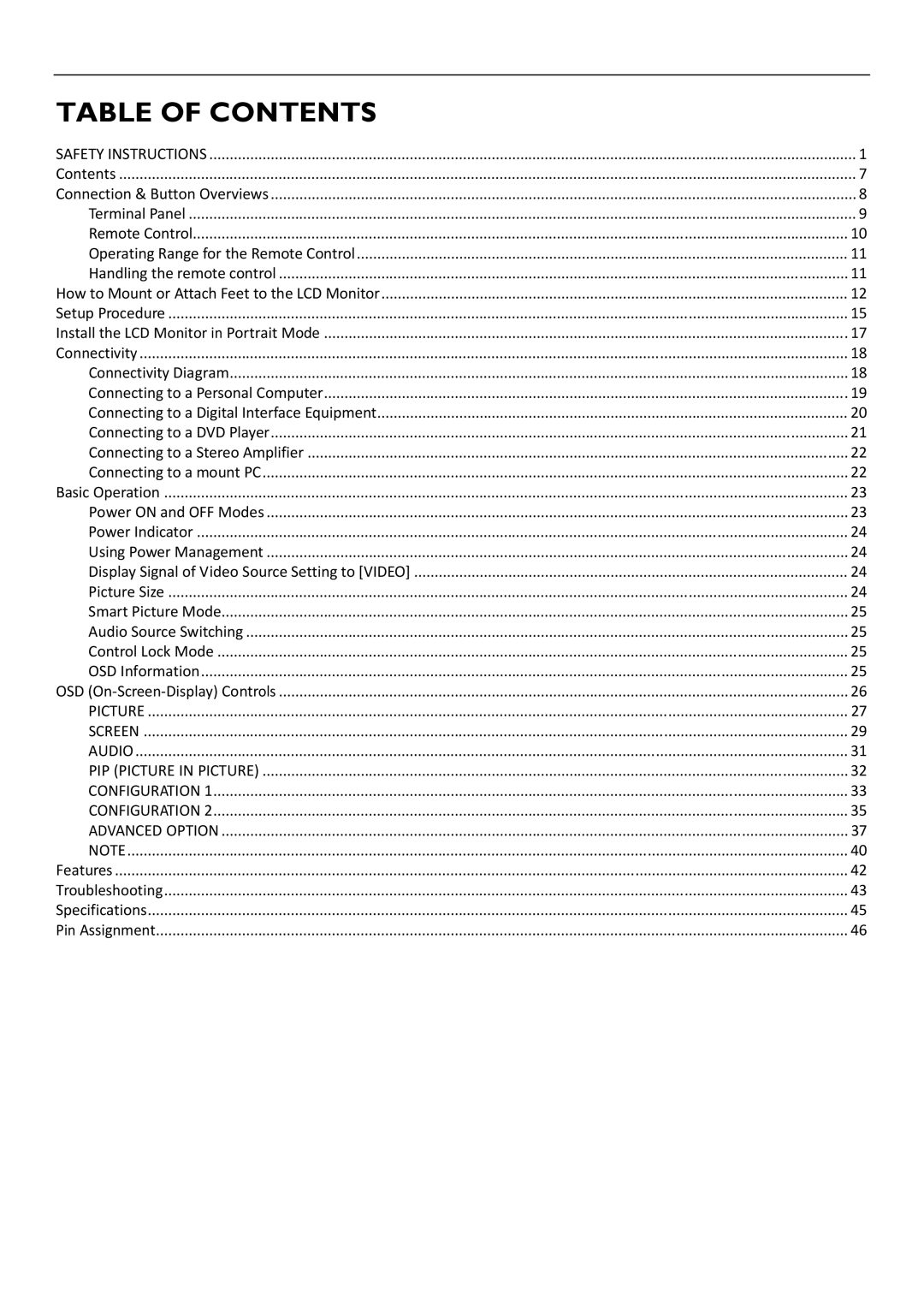 Philips BDL5231V user manual Table of Contents 