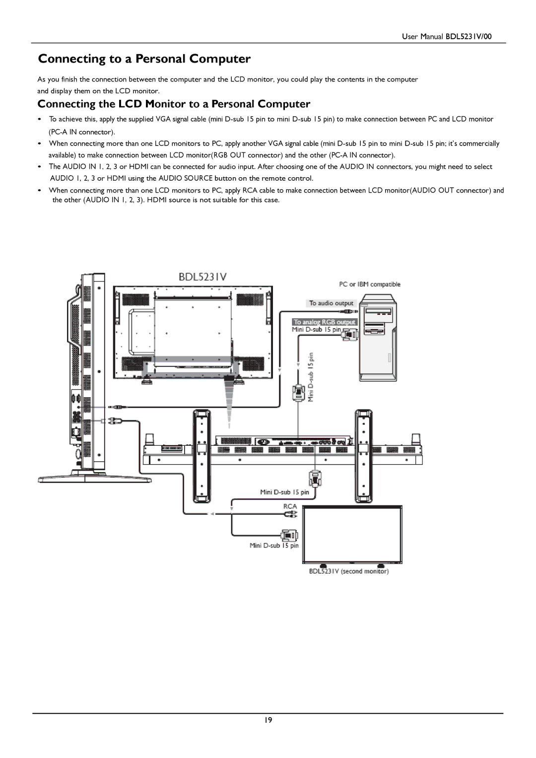 Philips BDL5231V user manual Connecting to a Personal Computer, Connecting the LCD Monitor to a Personal Computer 