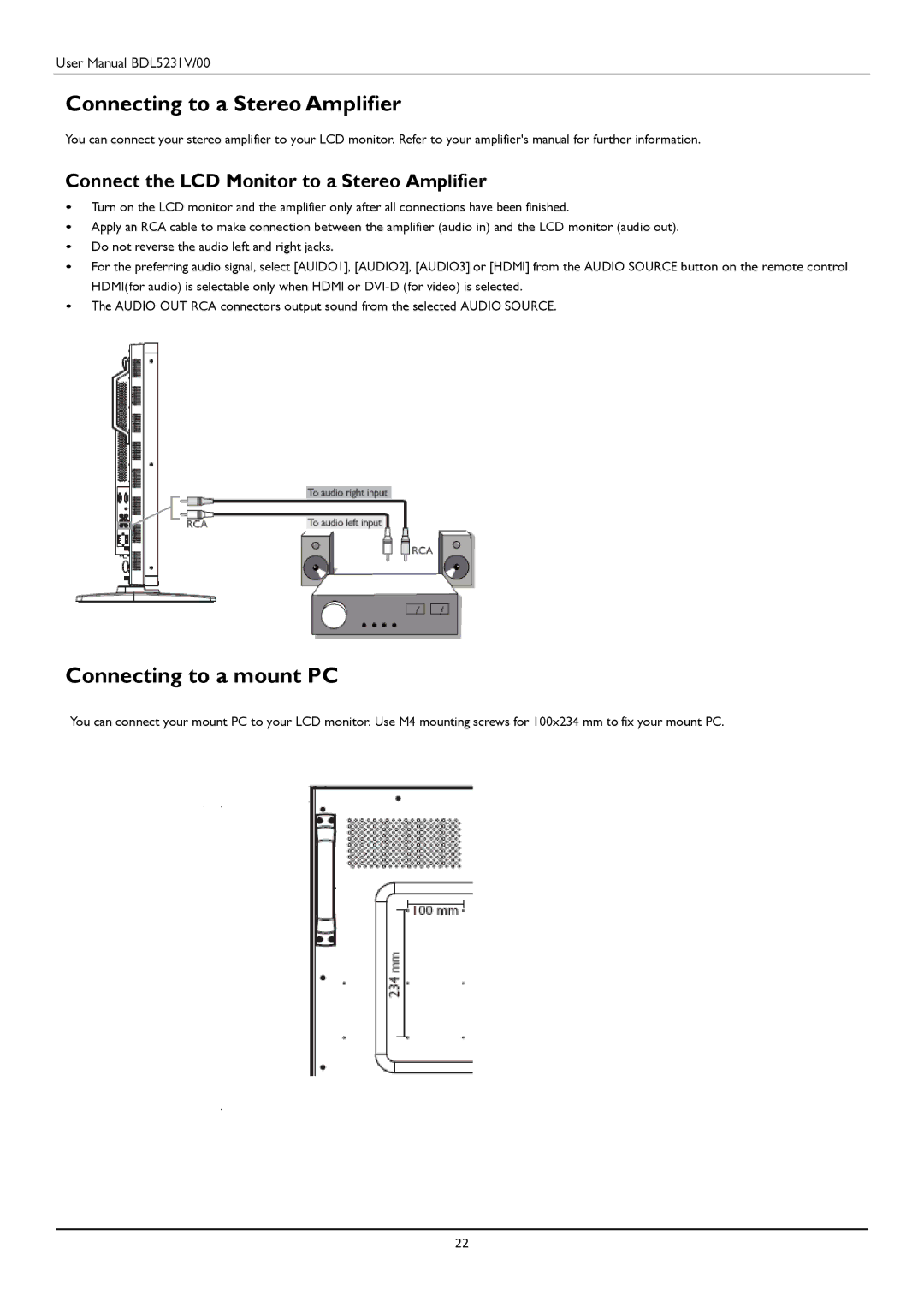 Philips BDL5231V Connecting to a Stereo Amplifier, Connecting to a mount PC, Connect the LCD Monitor to a Stereo Amplifier 