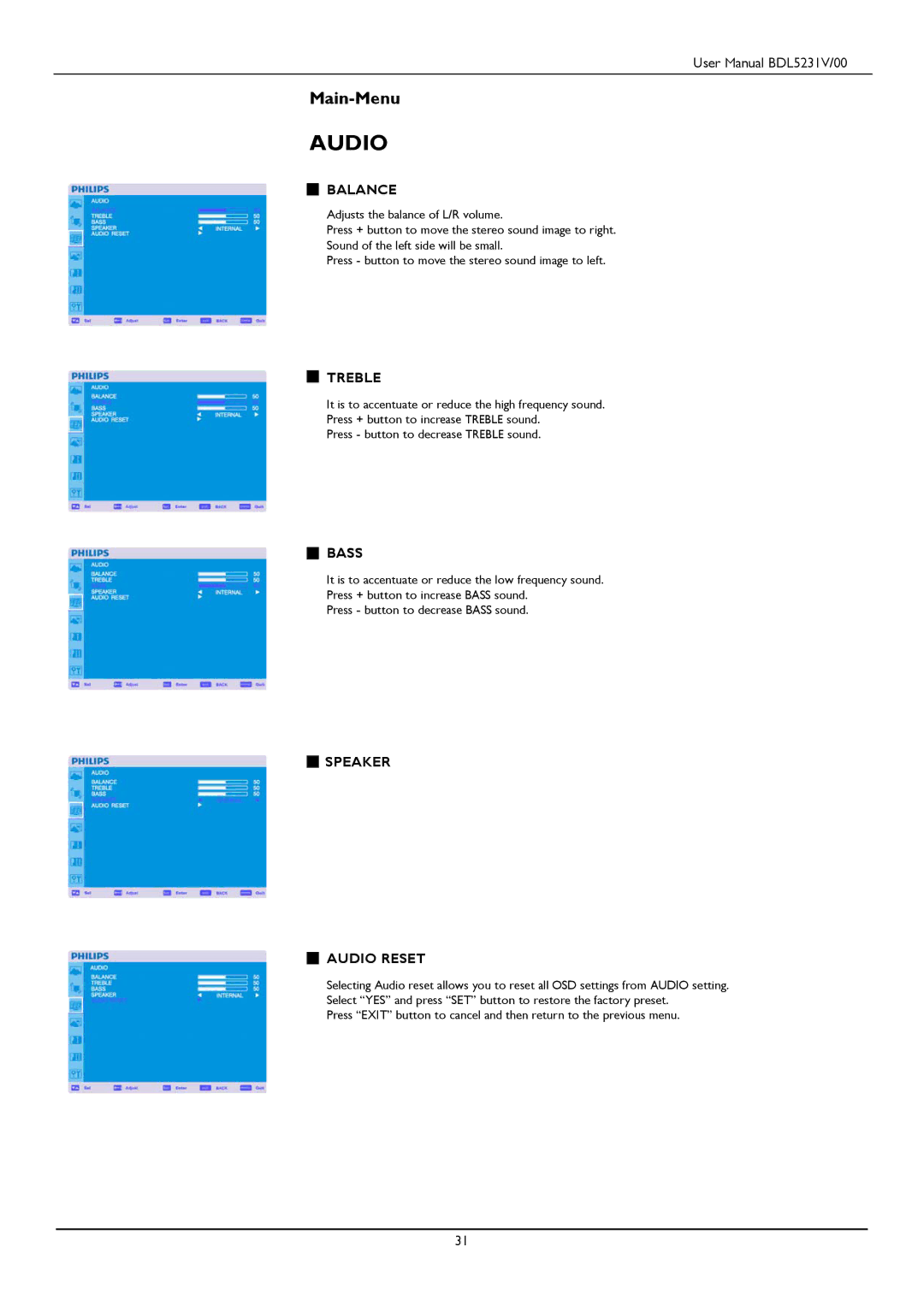 Philips BDL5231V user manual Balance, Treble, Bass, Speaker Audio Reset 