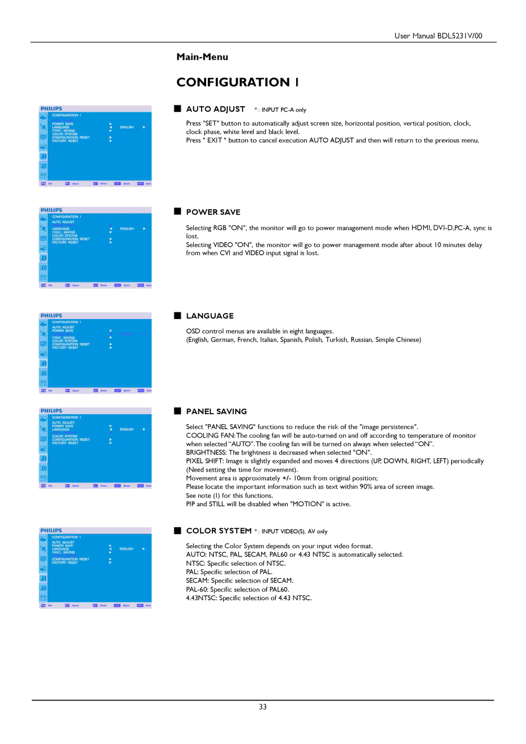 Philips BDL5231V user manual Power Save, Language, Panel Saving 
