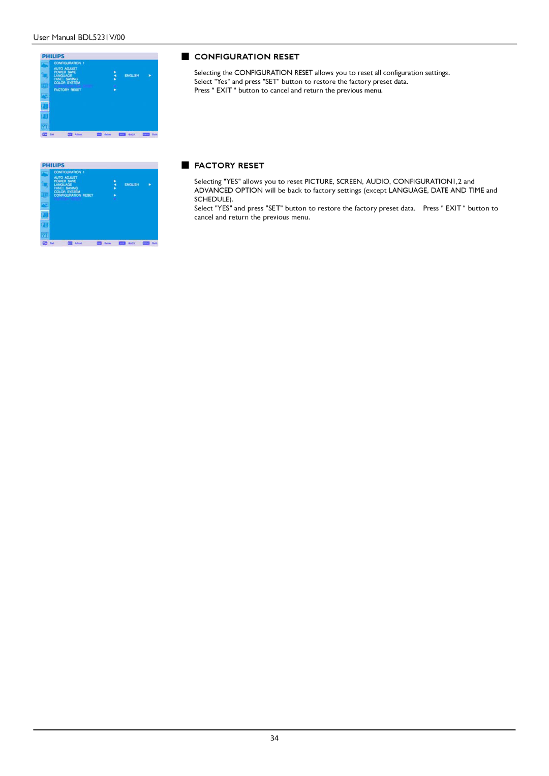 Philips BDL5231V user manual Configuration Reset, Factory Reset 