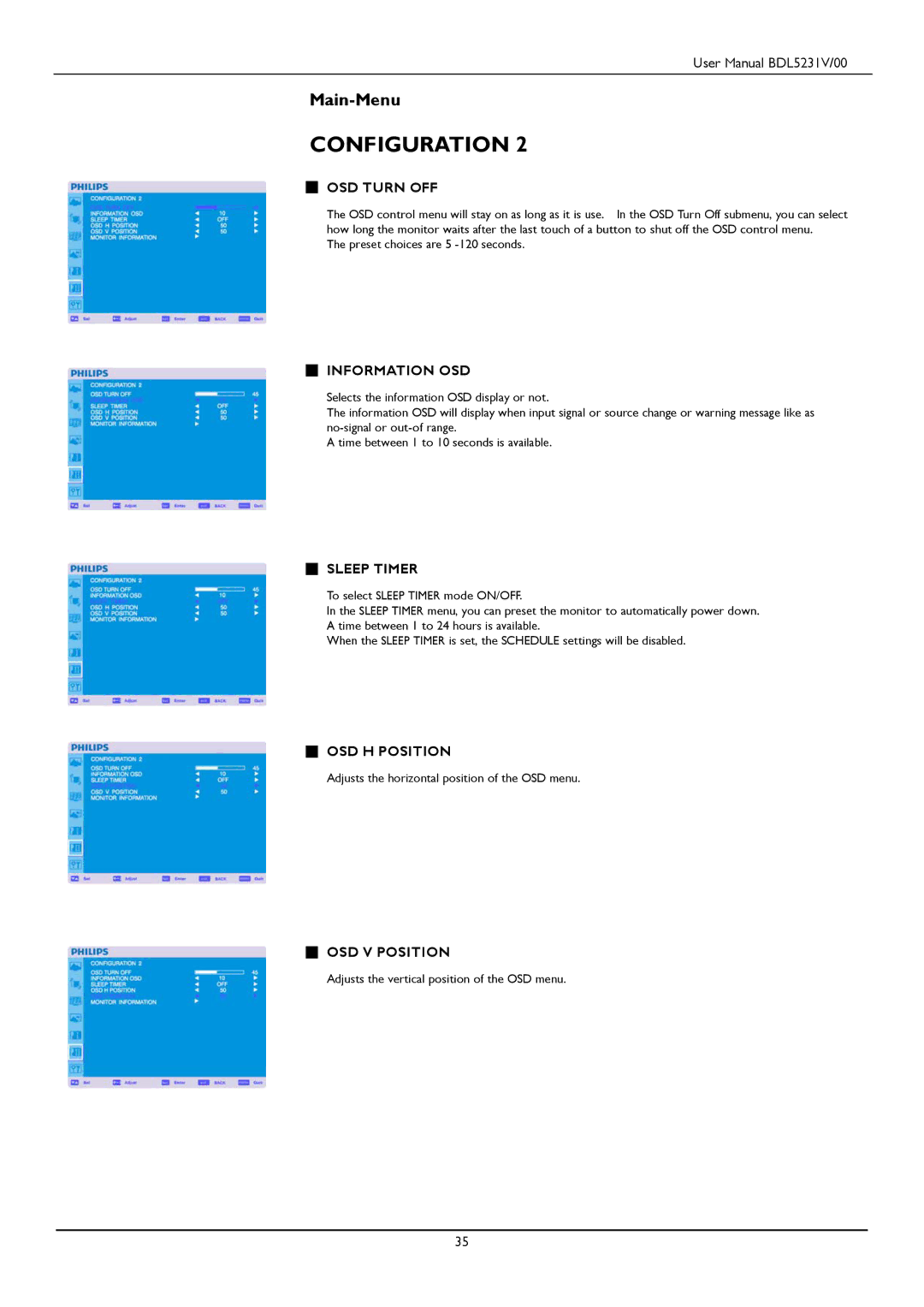 Philips BDL5231V user manual OSD Turn OFF, Information OSD, Sleep Timer, OSD H Position, OSD V Position 