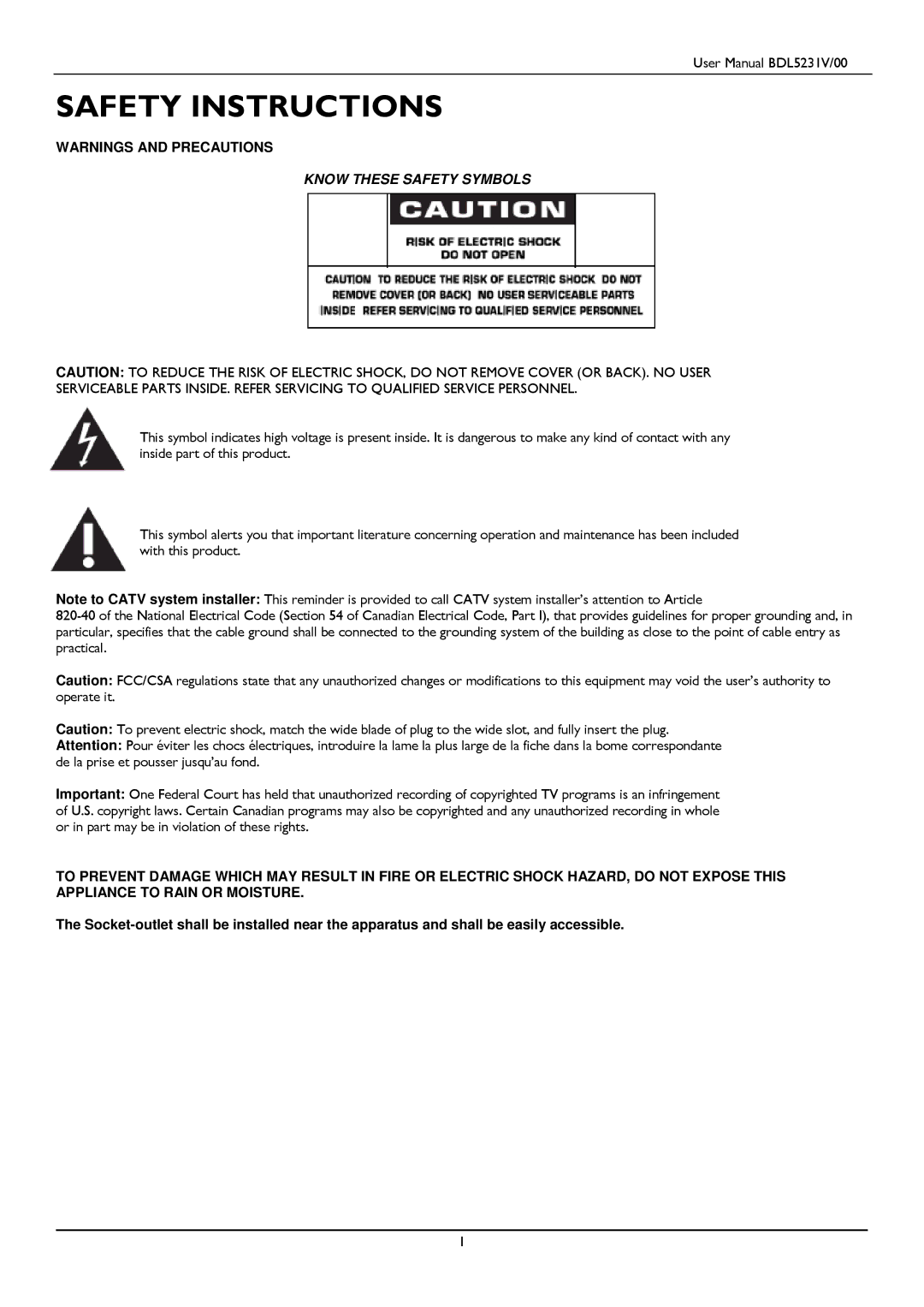 Philips BDL5231V user manual Safety Instructions 