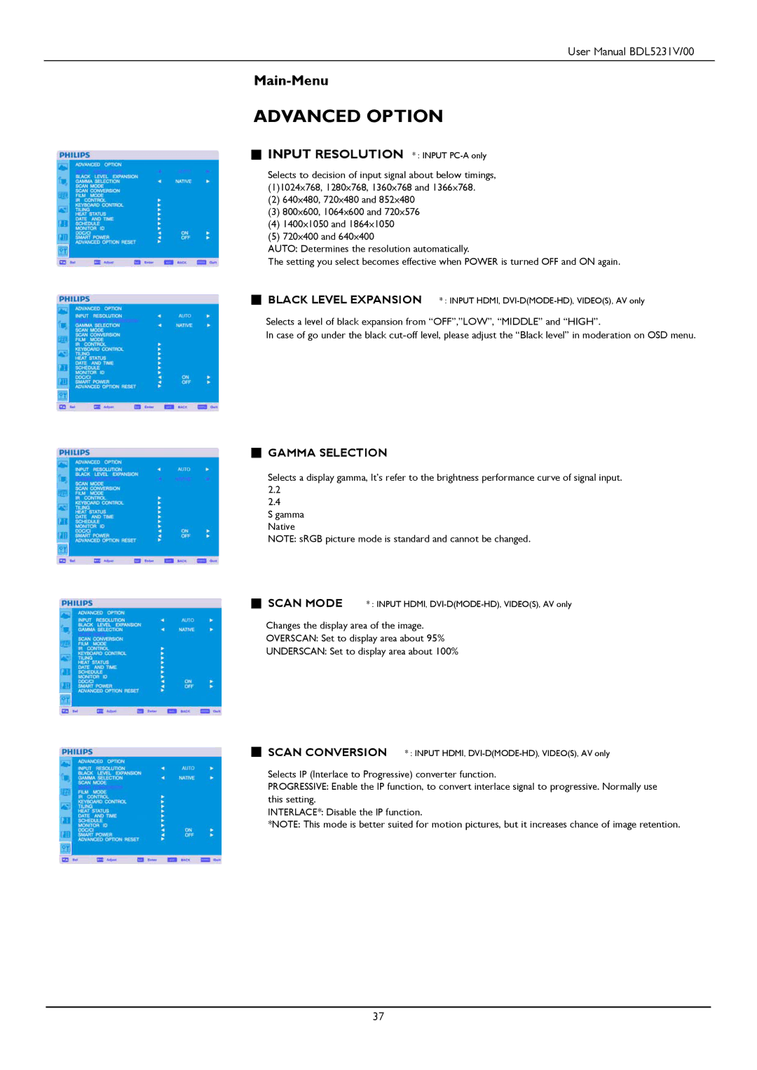 Philips BDL5231V user manual Advanced Option, Gamma Selection 